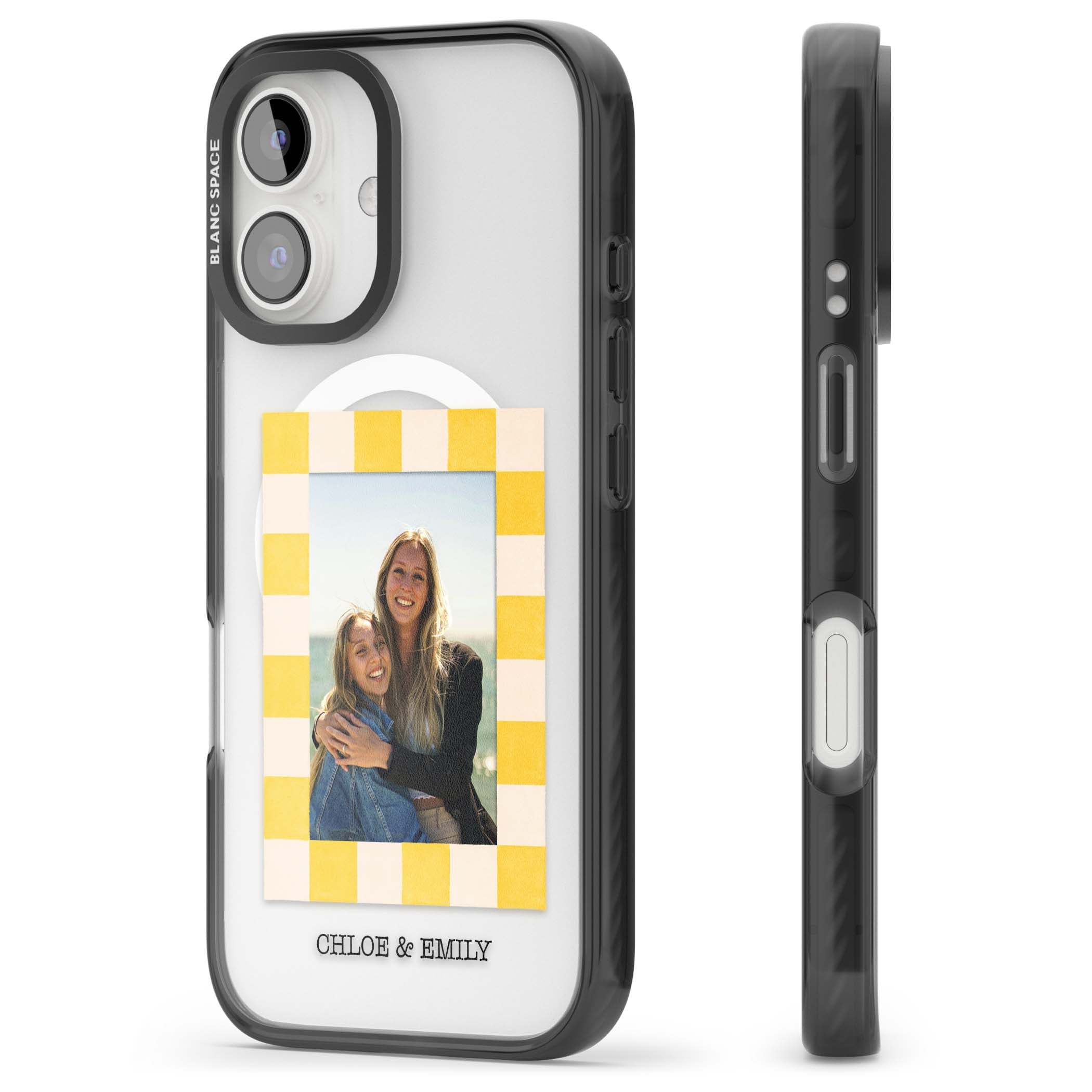 Yellow Check Photo personalised iPhone case with yellow checkered Polaroid frame and custom names beneath | Black Impact Magsafe case for iPhone 16, iPhone 16 Plus