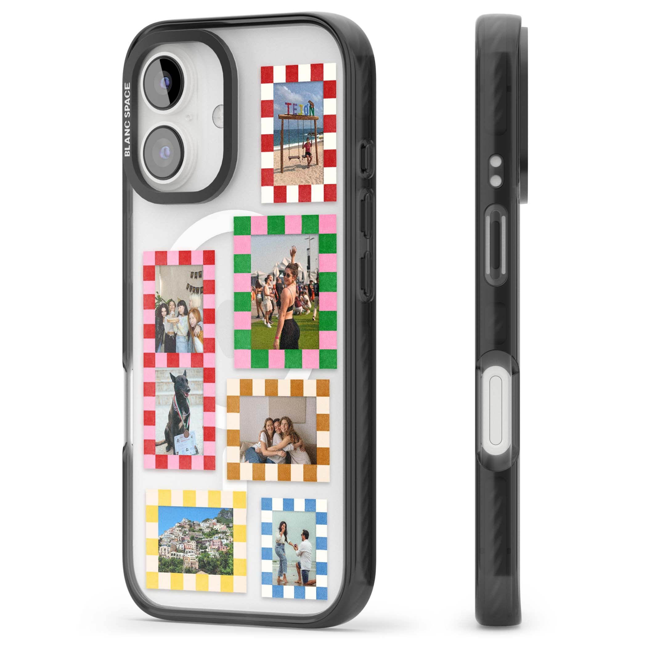 Italian Check Frames custom photo collage iPhone case featuring six checkered photo frames in red, green, pink and | Black Impact Magsafe case for iPhone 16, iPhone 16 Plus