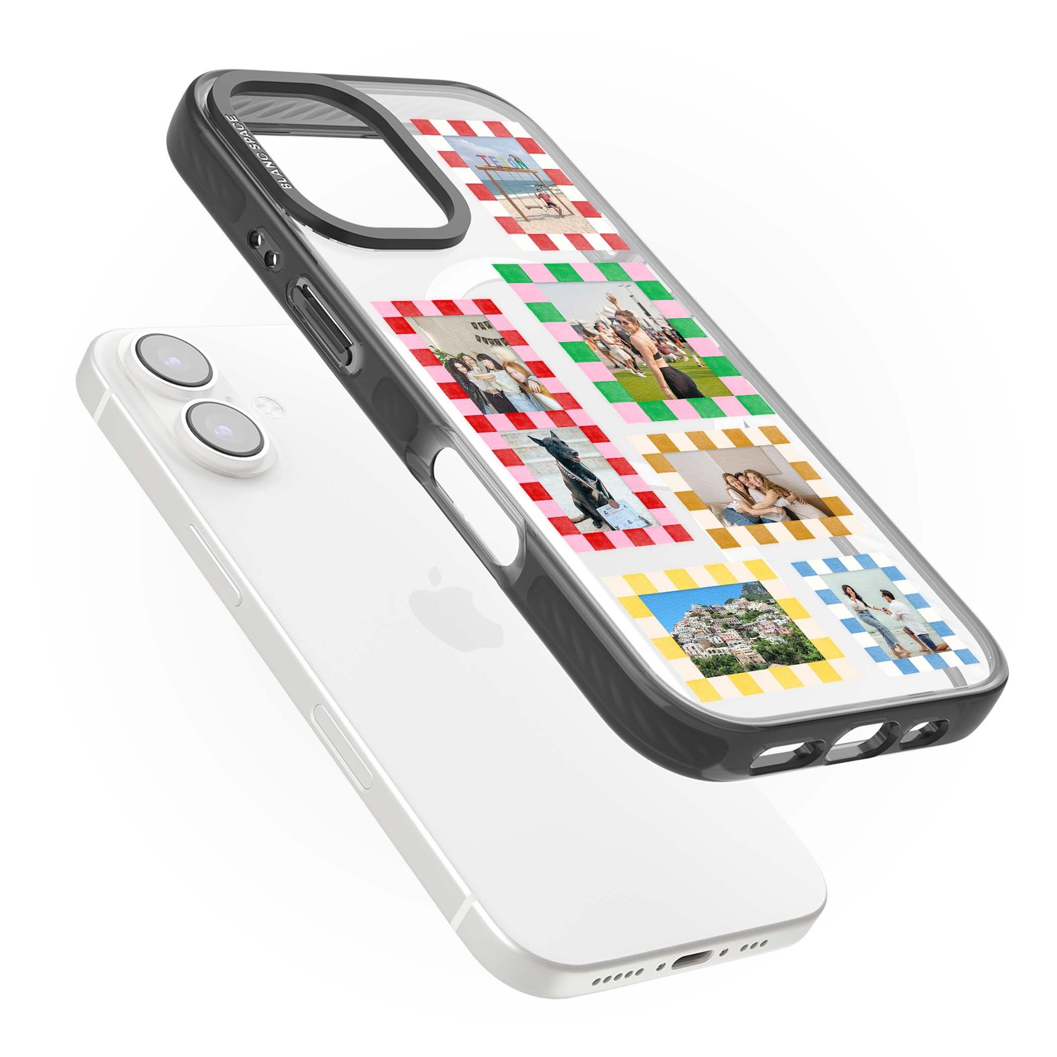Italian Check Frames custom photo collage iPhone case featuring six checkered photo frames in red, green, pink and | Black Impact Magsafe case for iPhone 16, iPhone 16 Plus