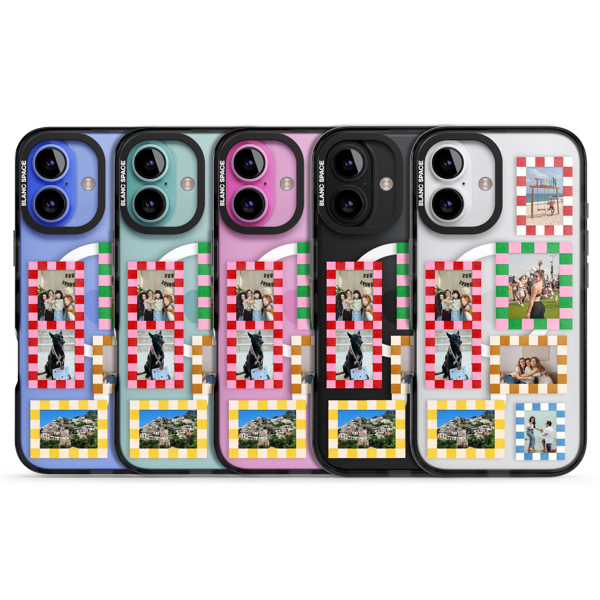 Italian Check Frames custom photo collage iPhone case featuring six checkered photo frames in red, green, pink and | Black Impact Magsafe case for iPhone 16, iPhone 16 Plus