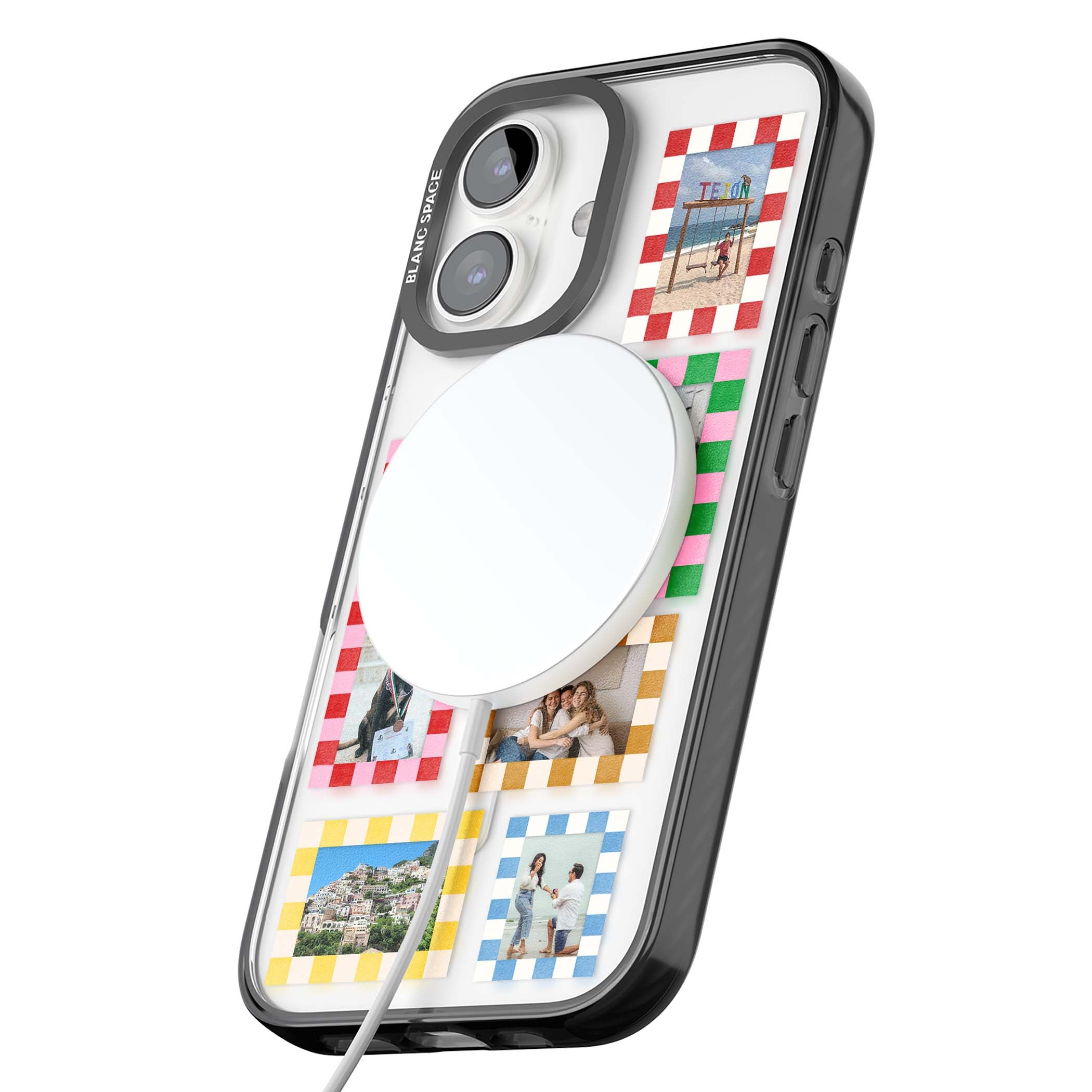 Italian Check Frames custom photo collage iPhone case featuring six checkered photo frames in red, green, pink and | Black Impact Magsafe case for iPhone 16, iPhone 16 Plus