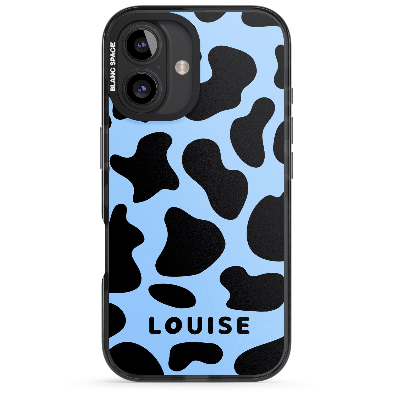 iPhone 16 Pro Max Personalised Blue and Black Cow Print Black Impact Phone Case