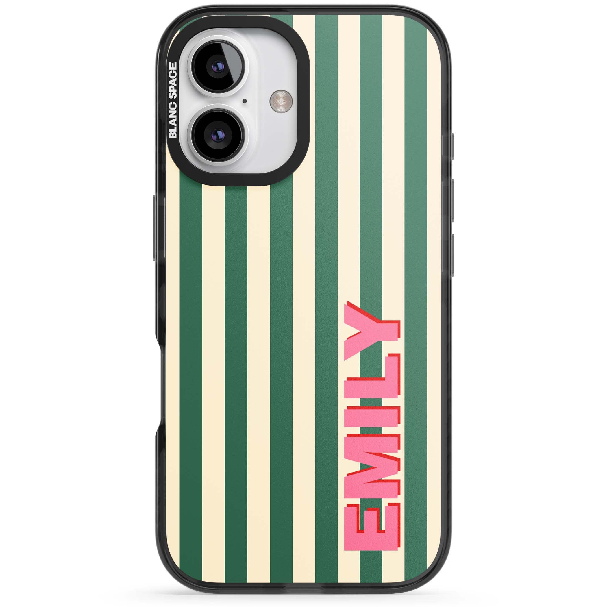 Wimbledon Stripe preppy iPhone case featuring green and cream vertical stripes with a personalised pink name | Black Impact Magsafe case for iPhone 16, iPhone 16 Plus