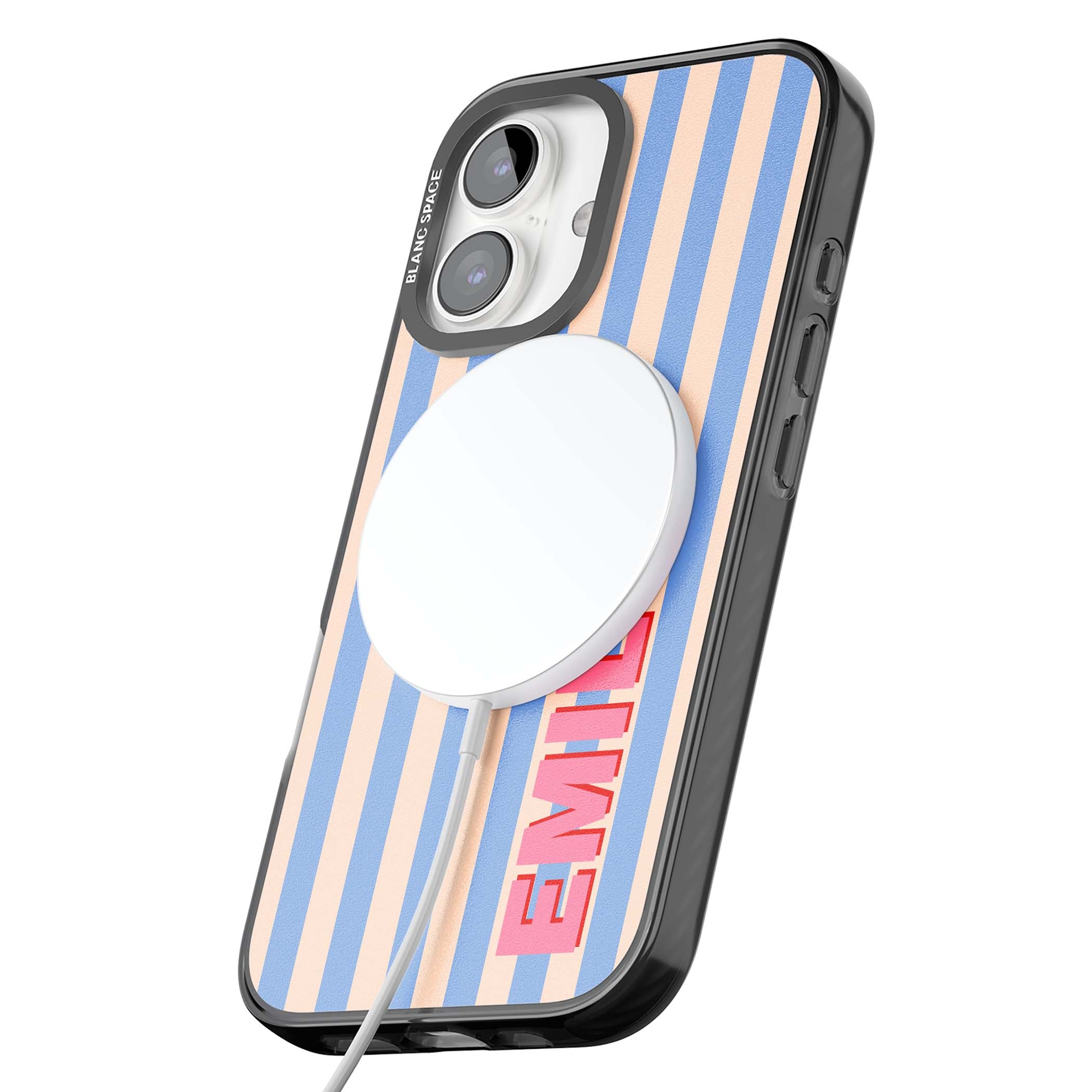 Coastal Stripe personalised coastal iPhone case with blue and peach vertical stripes and custom pink name | Black Impact Magsafe case for iPhone 16, iPhone 16 Plus