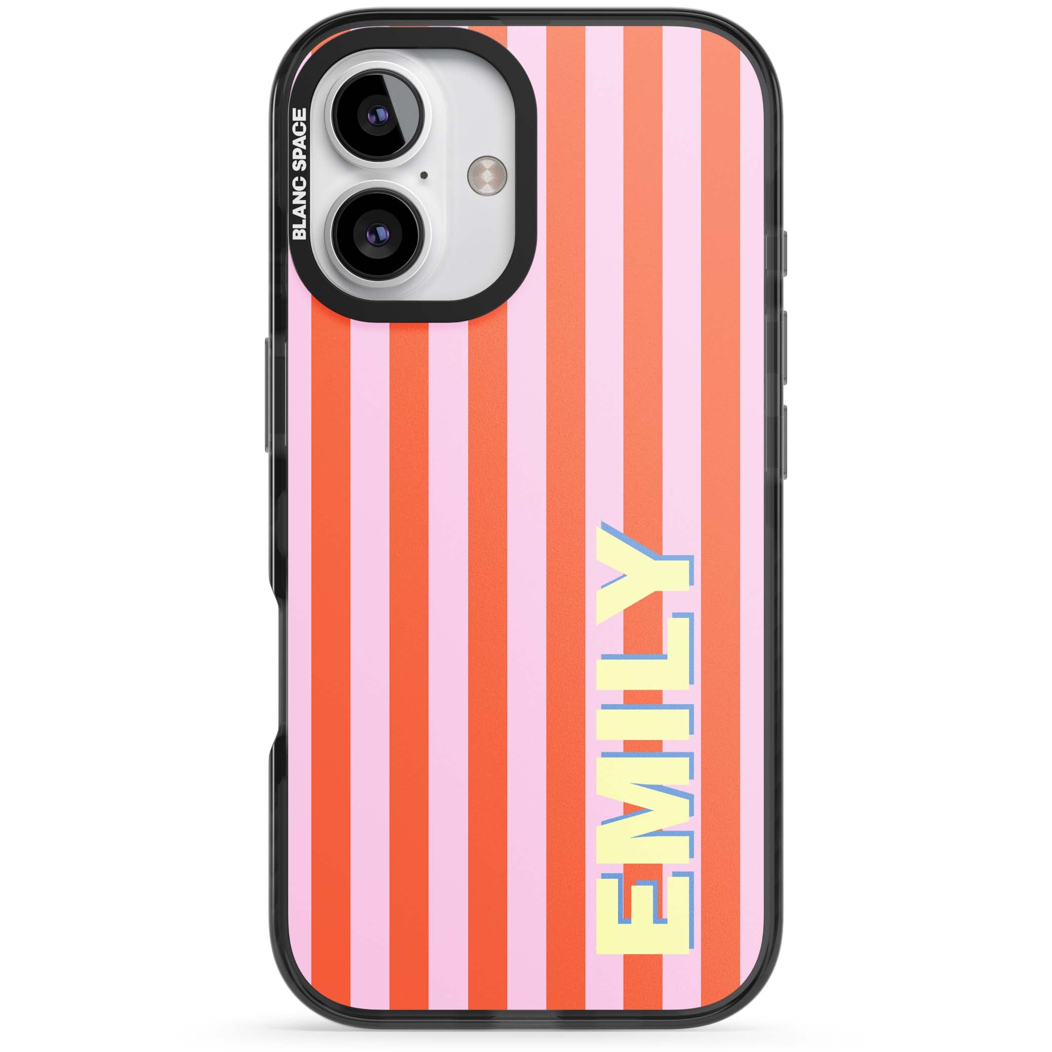 Havana Stripe personalised iPhone case featuring pink and orange vertical stripes with a custom yellow name | Black Impact Magsafe case for iPhone 16, iPhone 16 Plus