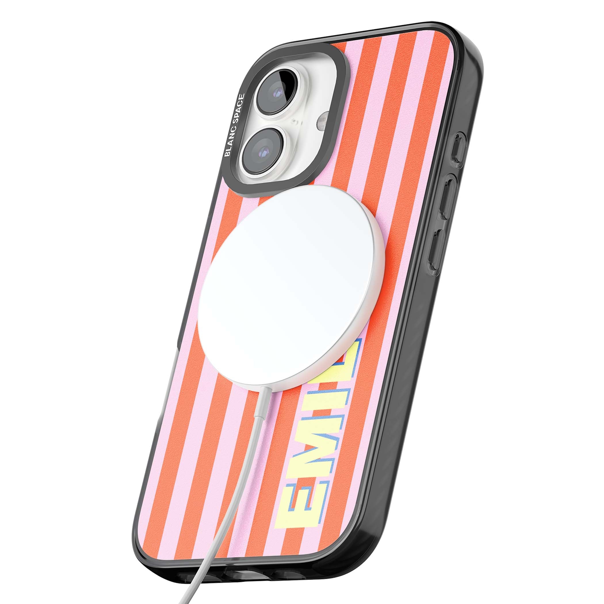 Havana Stripe personalised iPhone case featuring pink and orange vertical stripes with a custom yellow name | Black Impact Magsafe case for iPhone 16, iPhone 16 Plus