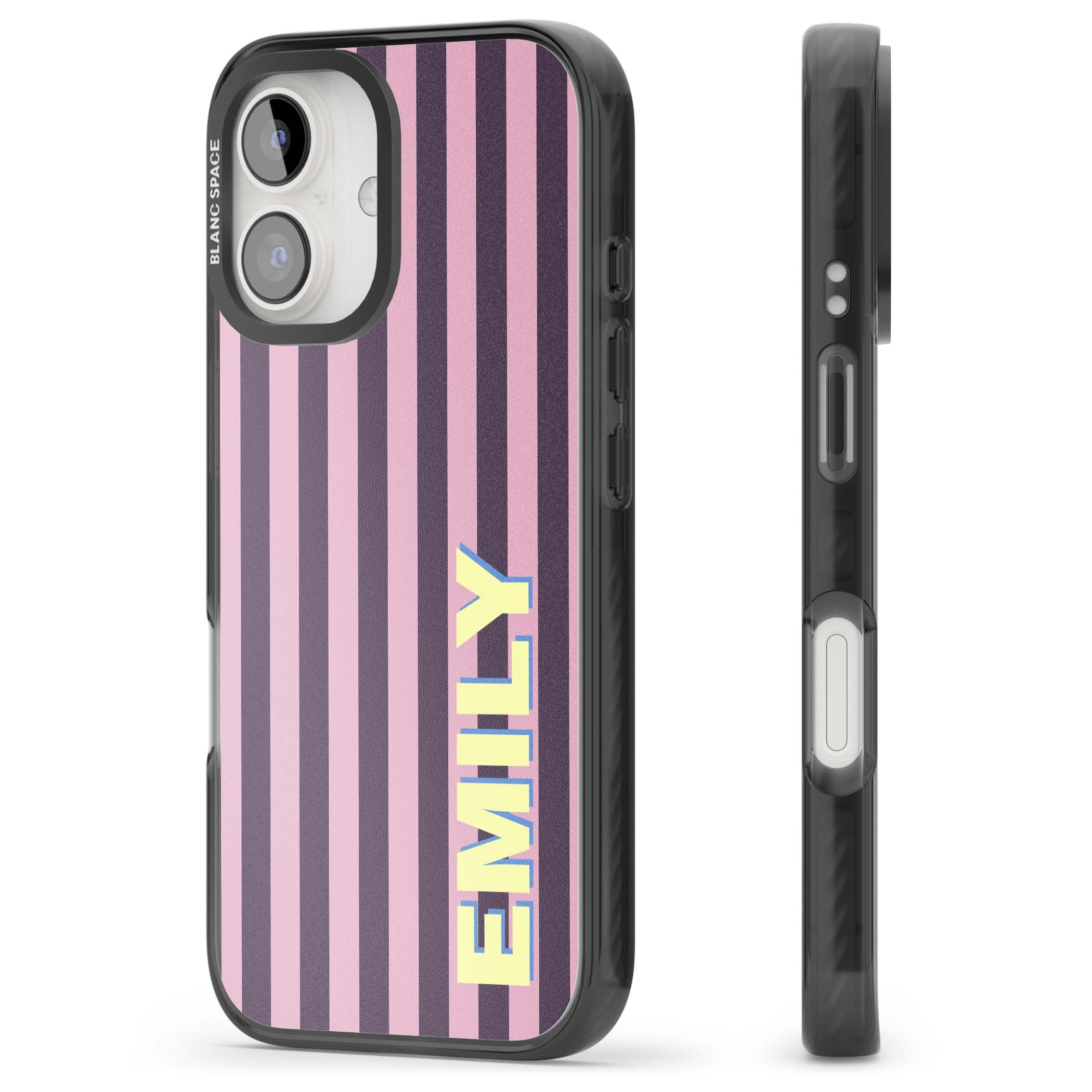 Tyre Stripe personalised stripe iPhone case with plum and pink vertical stripes and custom yellow name | Black Impact Magsafe case for iPhone 16, iPhone 16 Plus