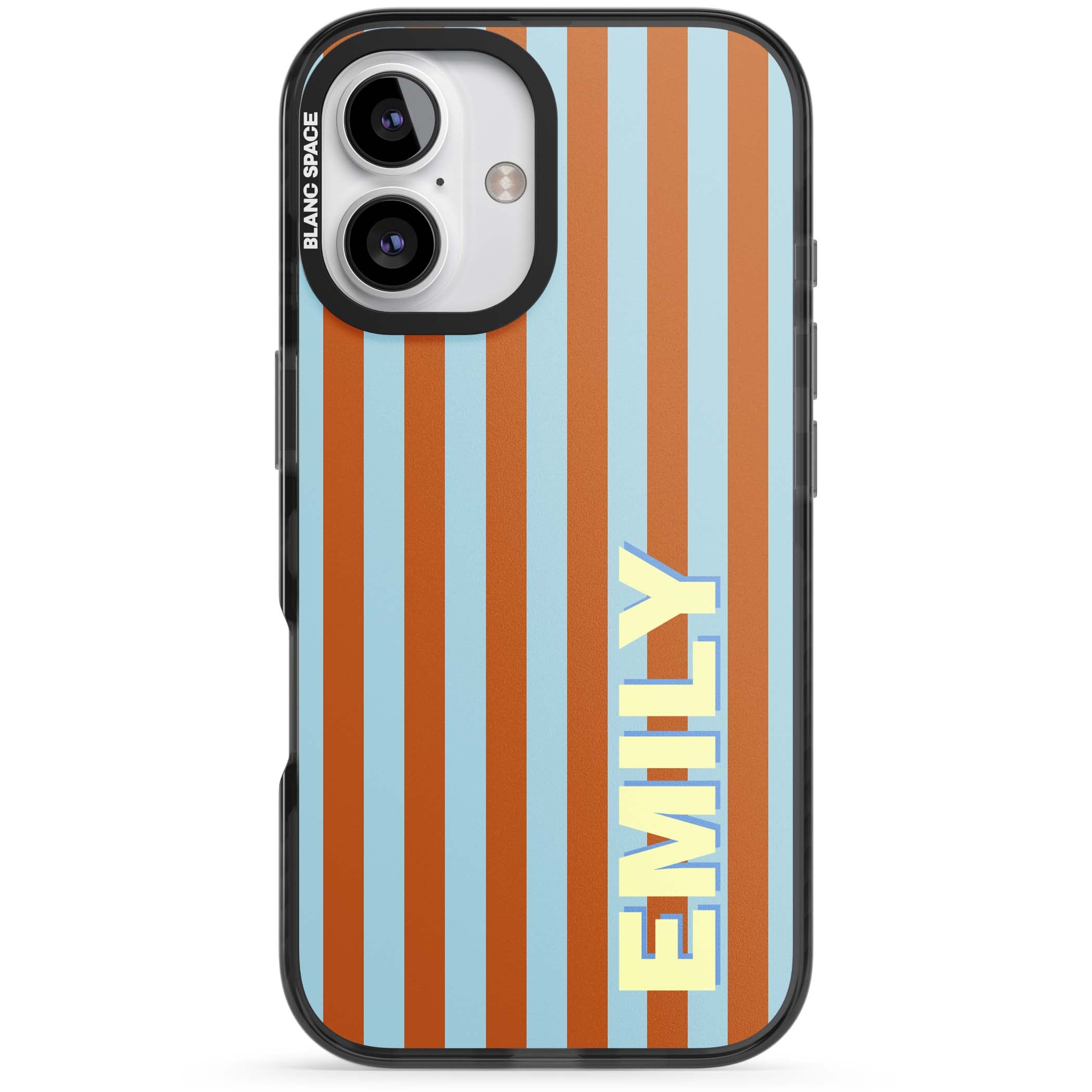 Cappadocia Stripe personalised coastal iPhone case featuring blue and orange vertical stripes with custom cream name | Black Impact Magsafe case for iPhone 16, iPhone 16 Plus