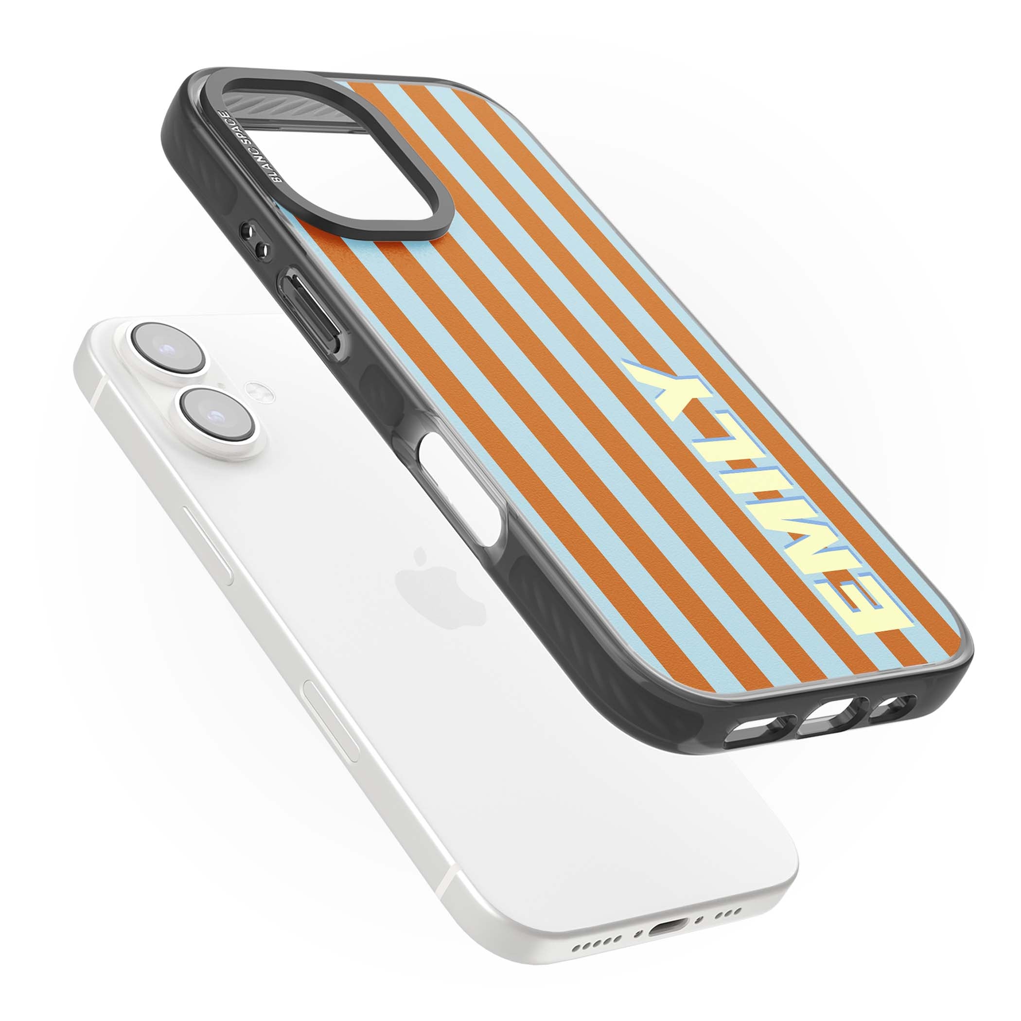 Cappadocia Stripe personalised coastal iPhone case featuring blue and orange vertical stripes with custom cream name | Black Impact Magsafe case for iPhone 16, iPhone 16 Plus