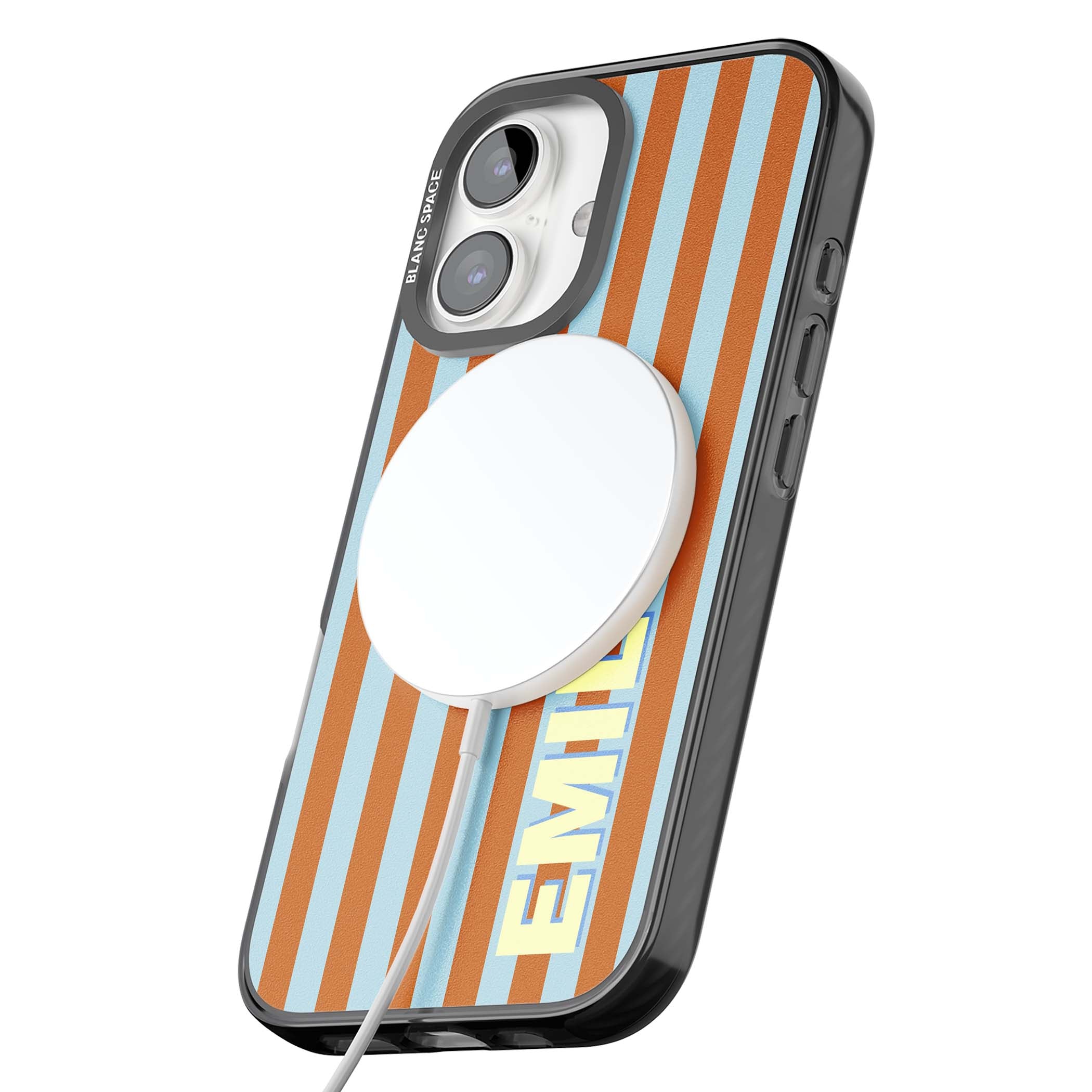 Cappadocia Stripe personalised coastal iPhone case featuring blue and orange vertical stripes with custom cream name | Black Impact Magsafe case for iPhone 16, iPhone 16 Plus