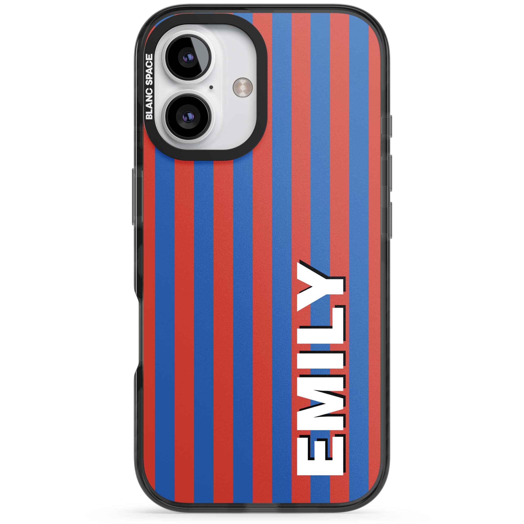 Cuban Stripe personalised iPhone case featuring red and blue vertical stripes with custom name in bold white letters | Black Impact Magsafe case for iPhone 16, iPhone 16 Plus
