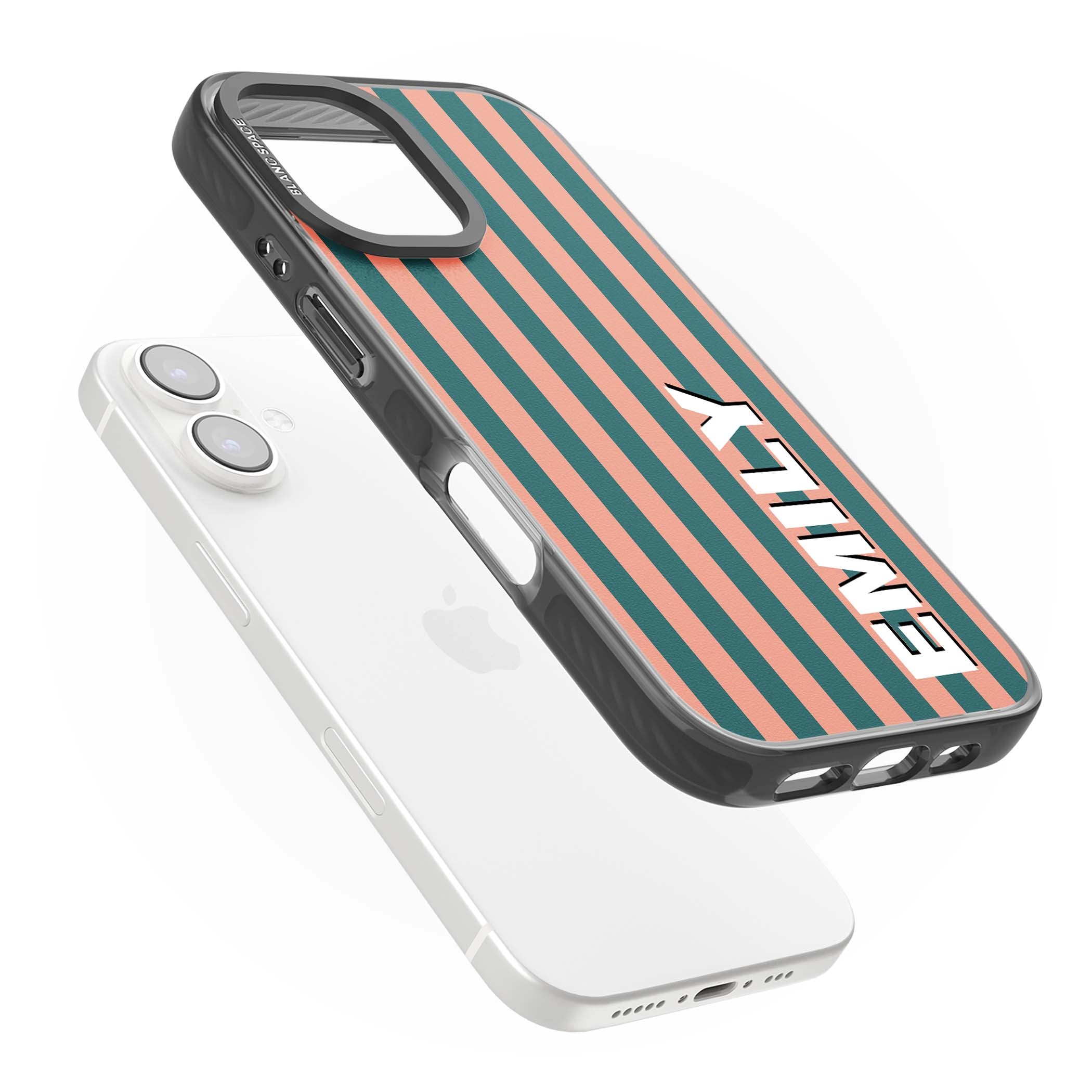 Tuscan Stripe personalised iPhone case featuring coral and green vertical stripes with bold custom name | Black Impact Magsafe case for iPhone 16, iPhone 16 Plus