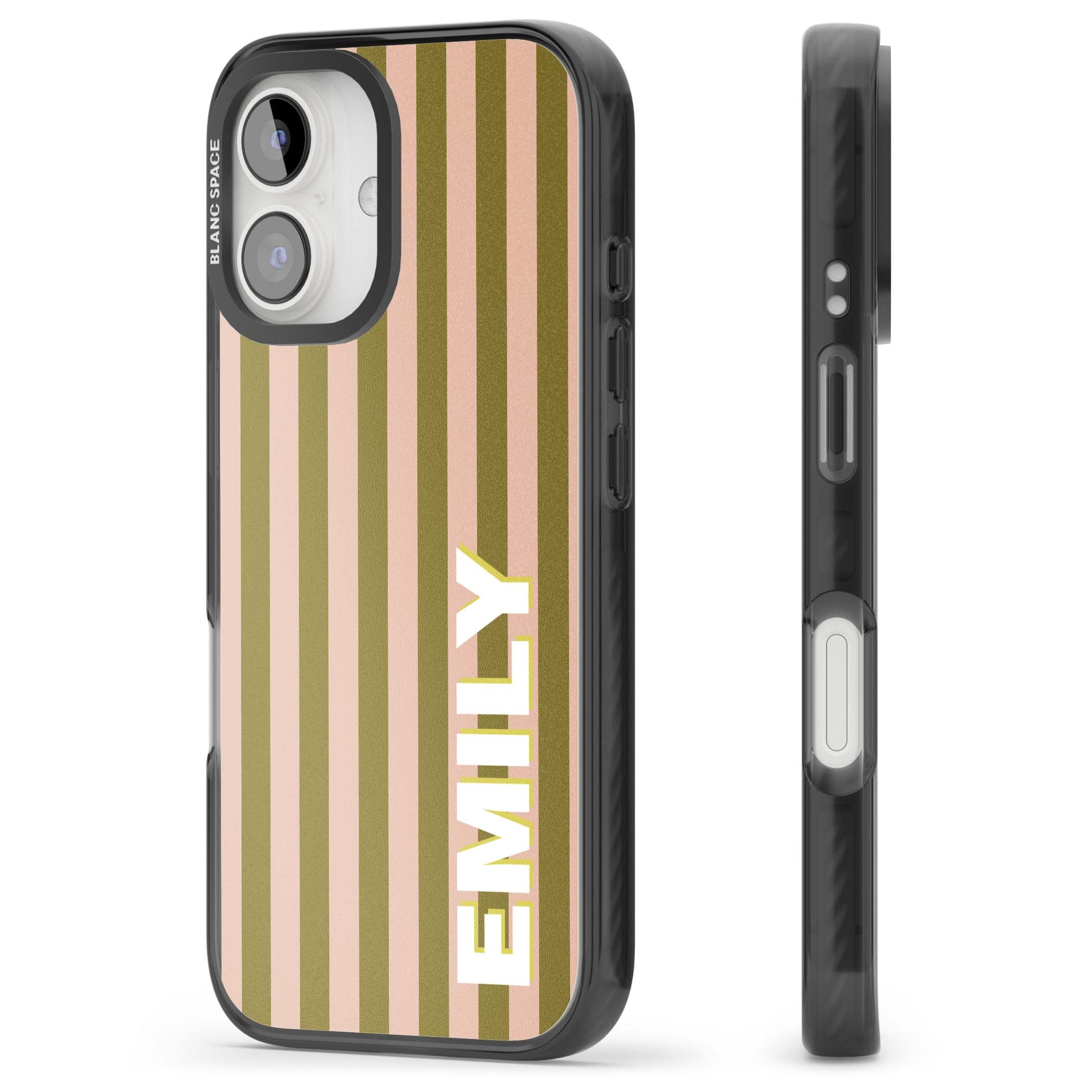 Indian Stripe personalised iPhone case featuring olive green and blush pink vertical stripes with custom name in whit | Black Impact Magsafe case for iPhone 16, iPhone 16 Plus