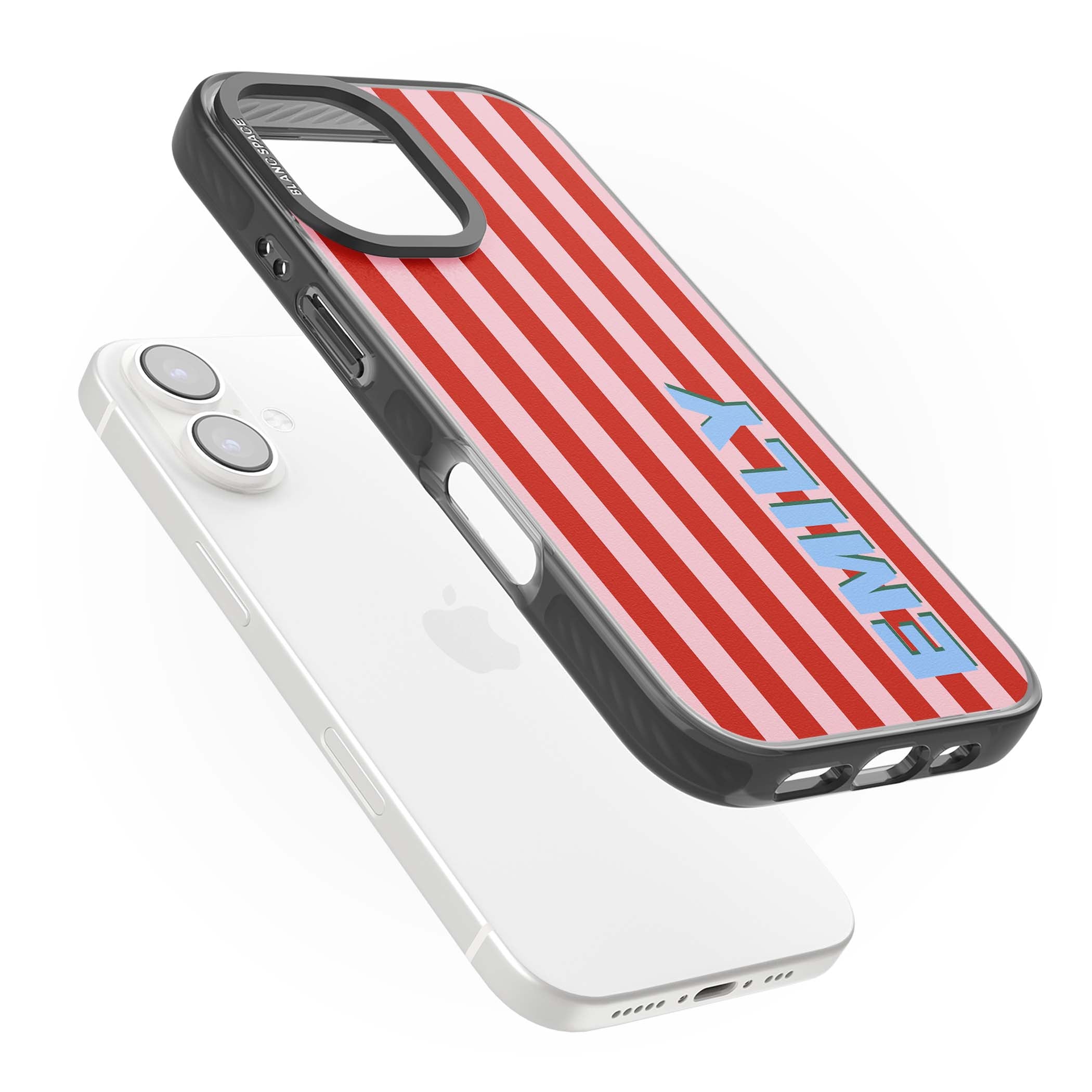 Market Stripe personalised iPhone case with red and pink vertical stripes and custom blue name | Black Impact Magsafe case for iPhone 16, iPhone 16 Plus