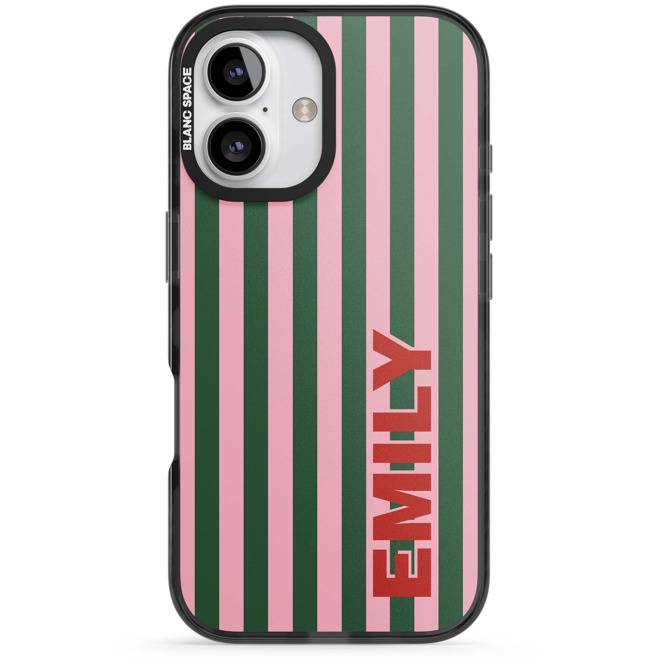 Italian Stripe preppy iPhone case featuring pink and green vertical stripes with personalised red name | Black Impact Magsafe case for iPhone 16, iPhone 16 Plus