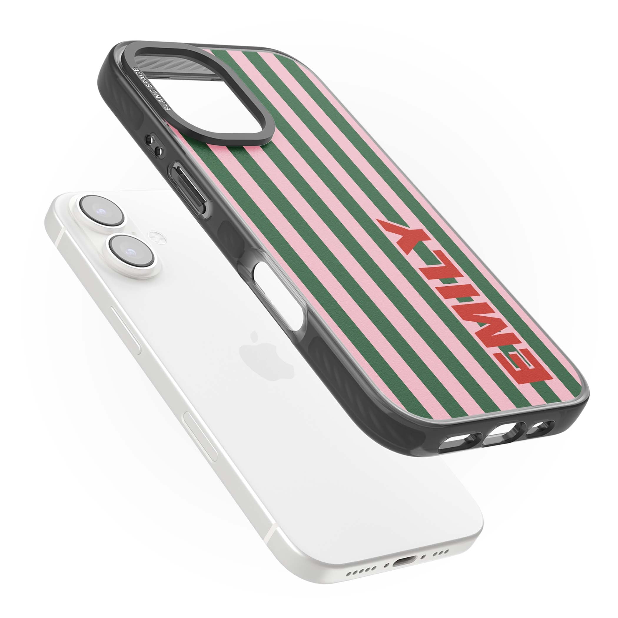 Italian Stripe preppy iPhone case featuring pink and green vertical stripes with personalised red name | Black Impact Magsafe case for iPhone 16, iPhone 16 Plus