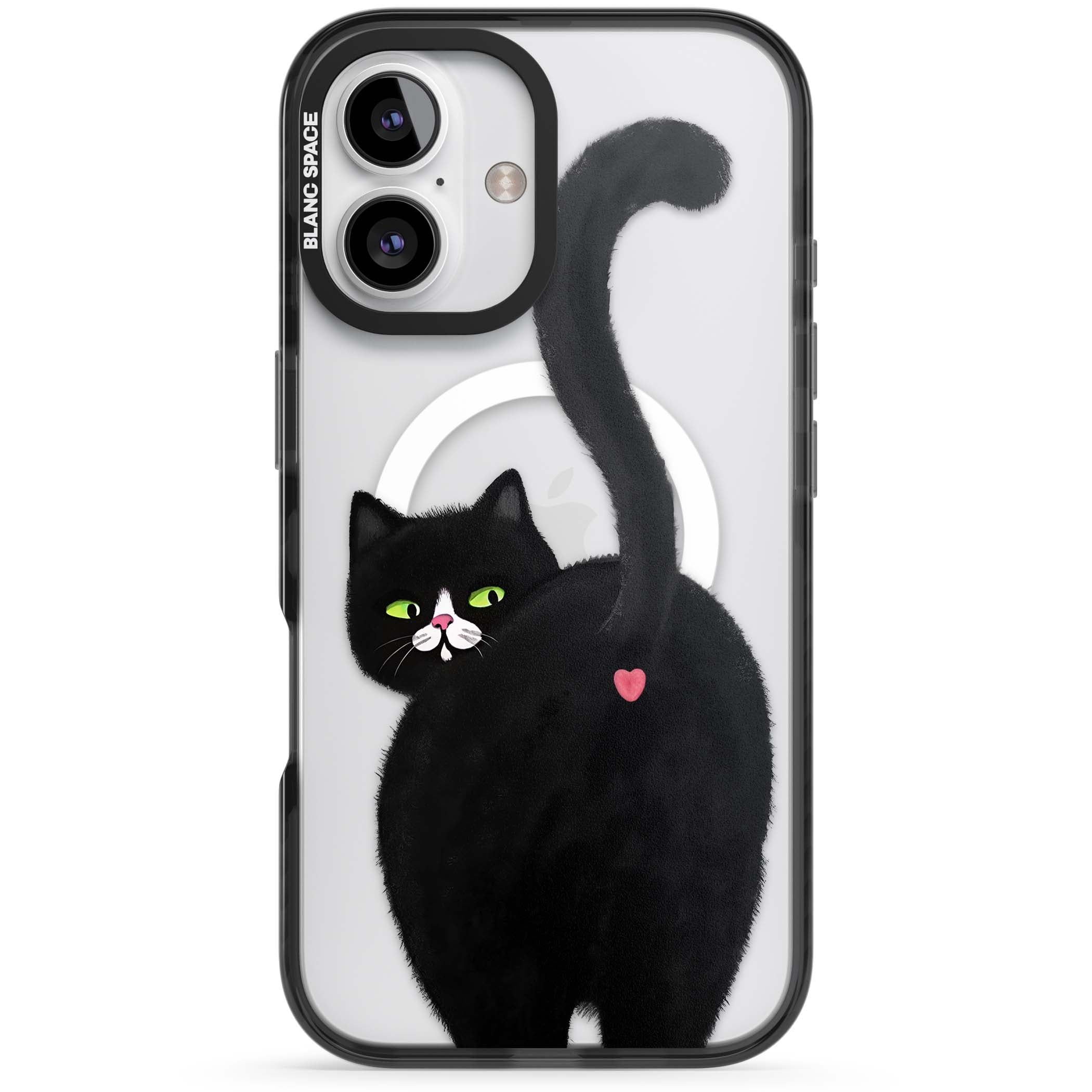 The Cat's Kiss cute cat iPhone case featuring a hand-painted tuxedo kitty with green eyes and a pink heart on a clear | Black Impact Magsafe case for iPhone 16, iPhone 16 Plus