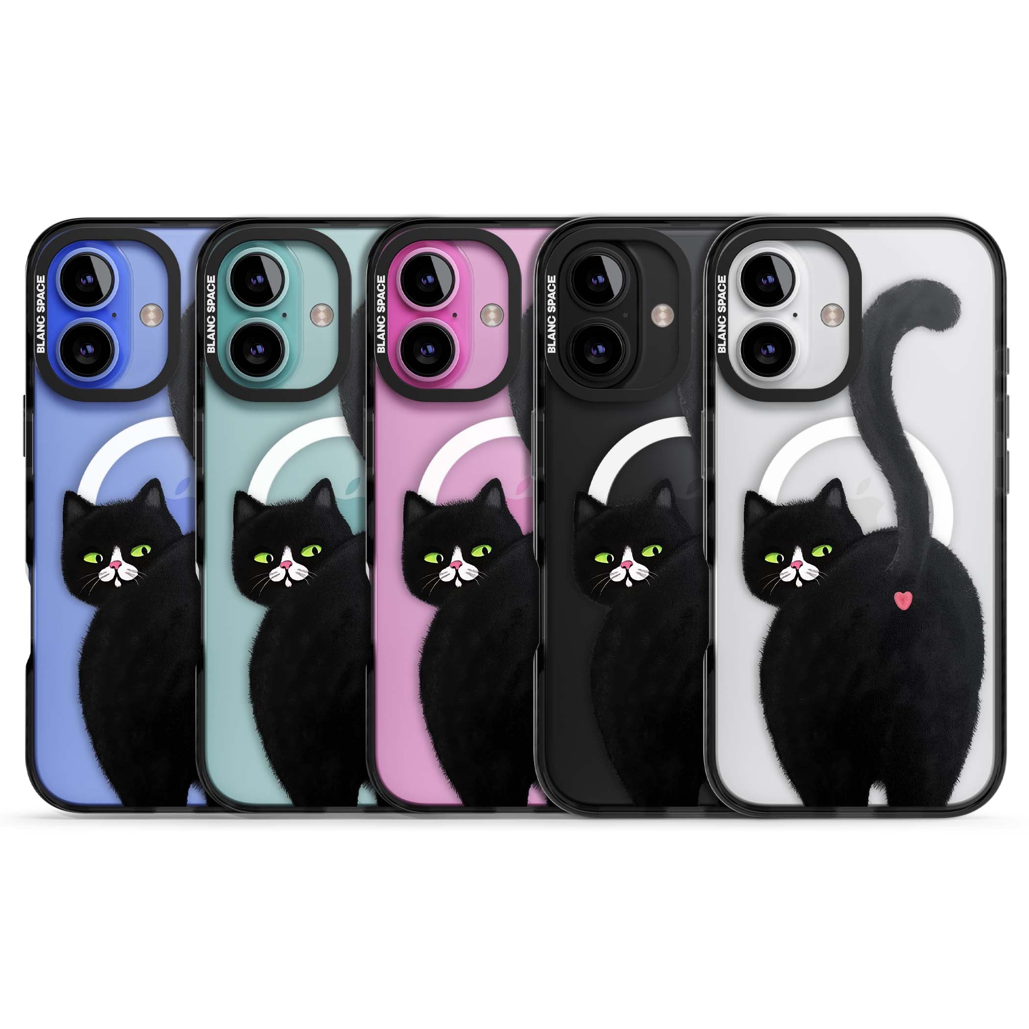 The Cat's Kiss cute cat iPhone case featuring a hand-painted tuxedo kitty with green eyes and a pink heart on a clear | Black Impact Magsafe case for iPhone 16, iPhone 16 Plus