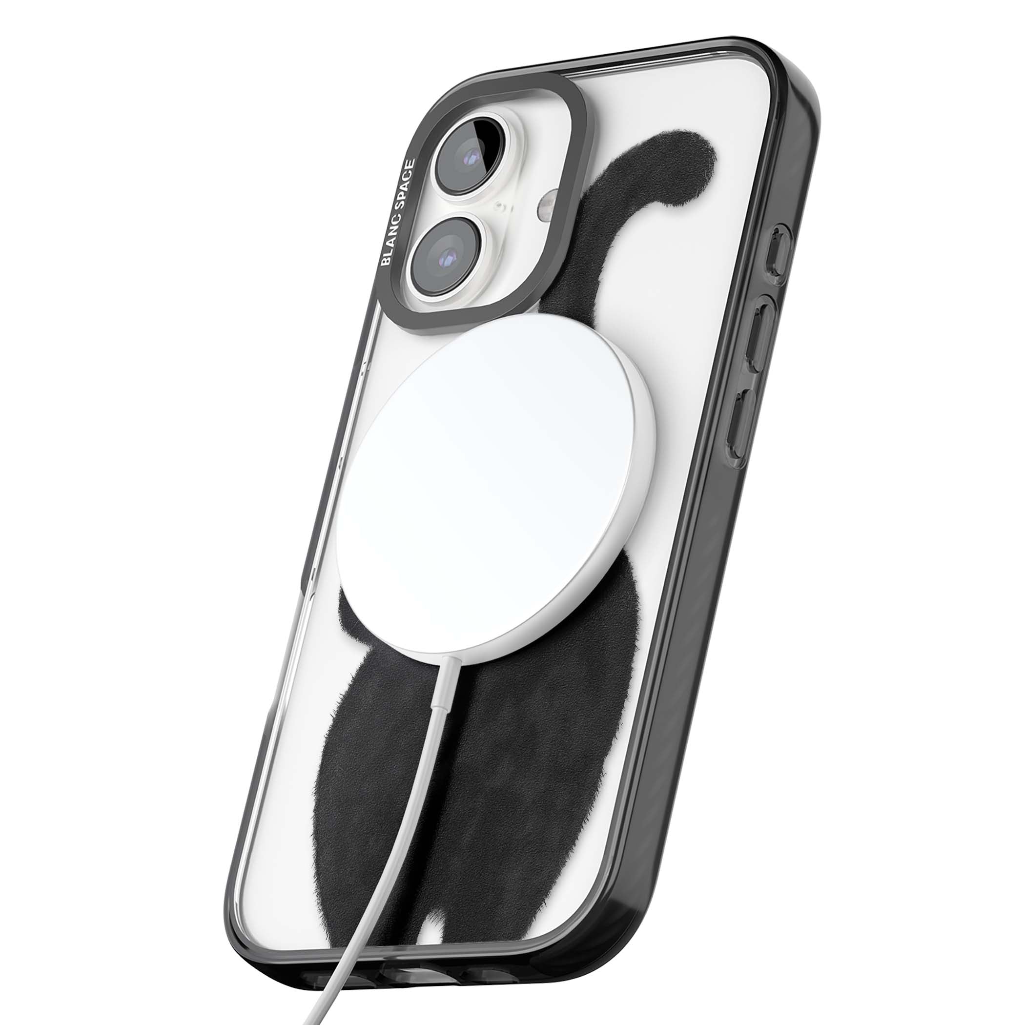 The Cat's Kiss cute cat iPhone case featuring a hand-painted tuxedo kitty with green eyes and a pink heart on a clear | Black Impact Magsafe case for iPhone 16, iPhone 16 Plus