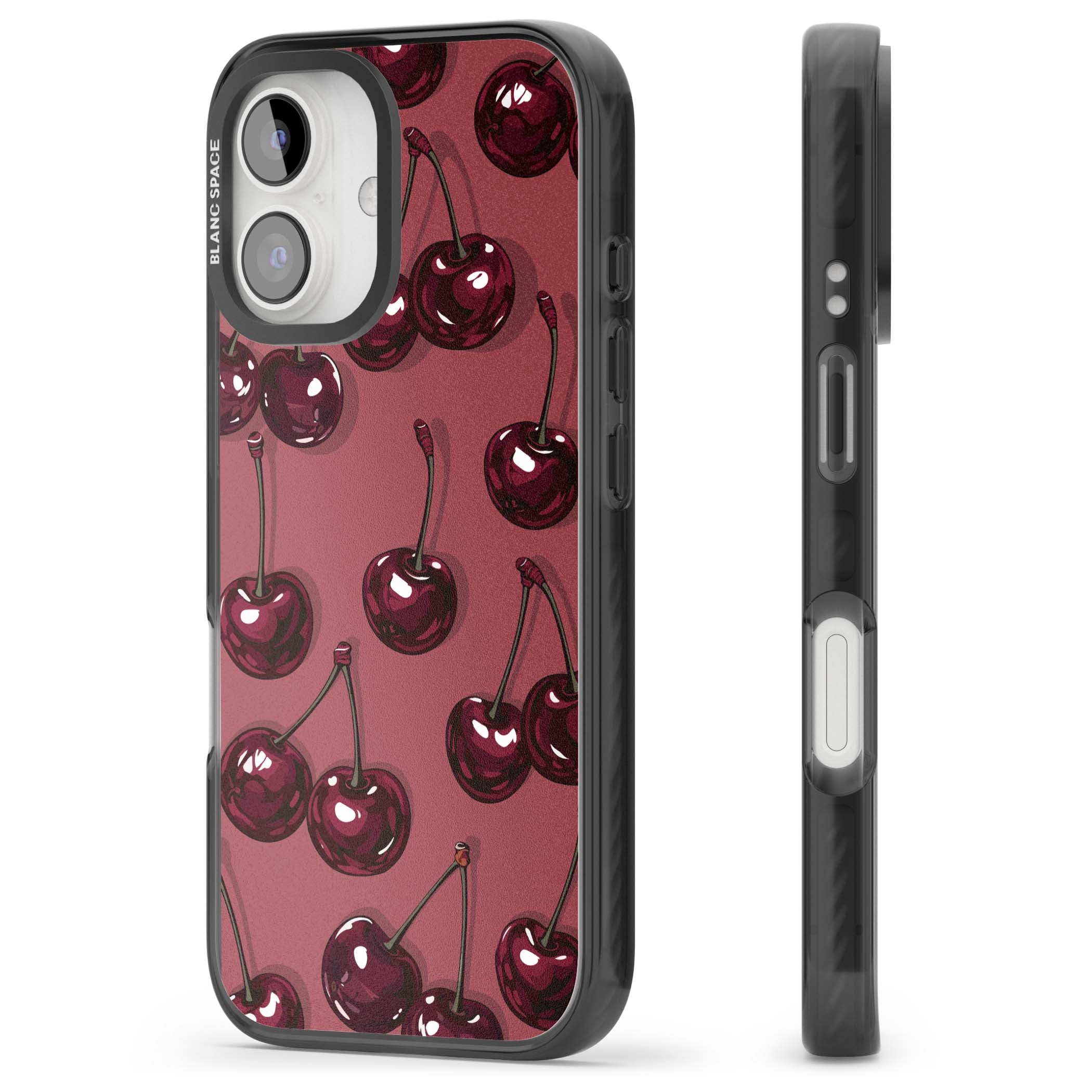 Cherry Rebel coquette iPhone case featuring glossy burgundy cherries on a dusty rose background | Black Impact Magsafe case for iPhone 16, iPhone 16 Plus