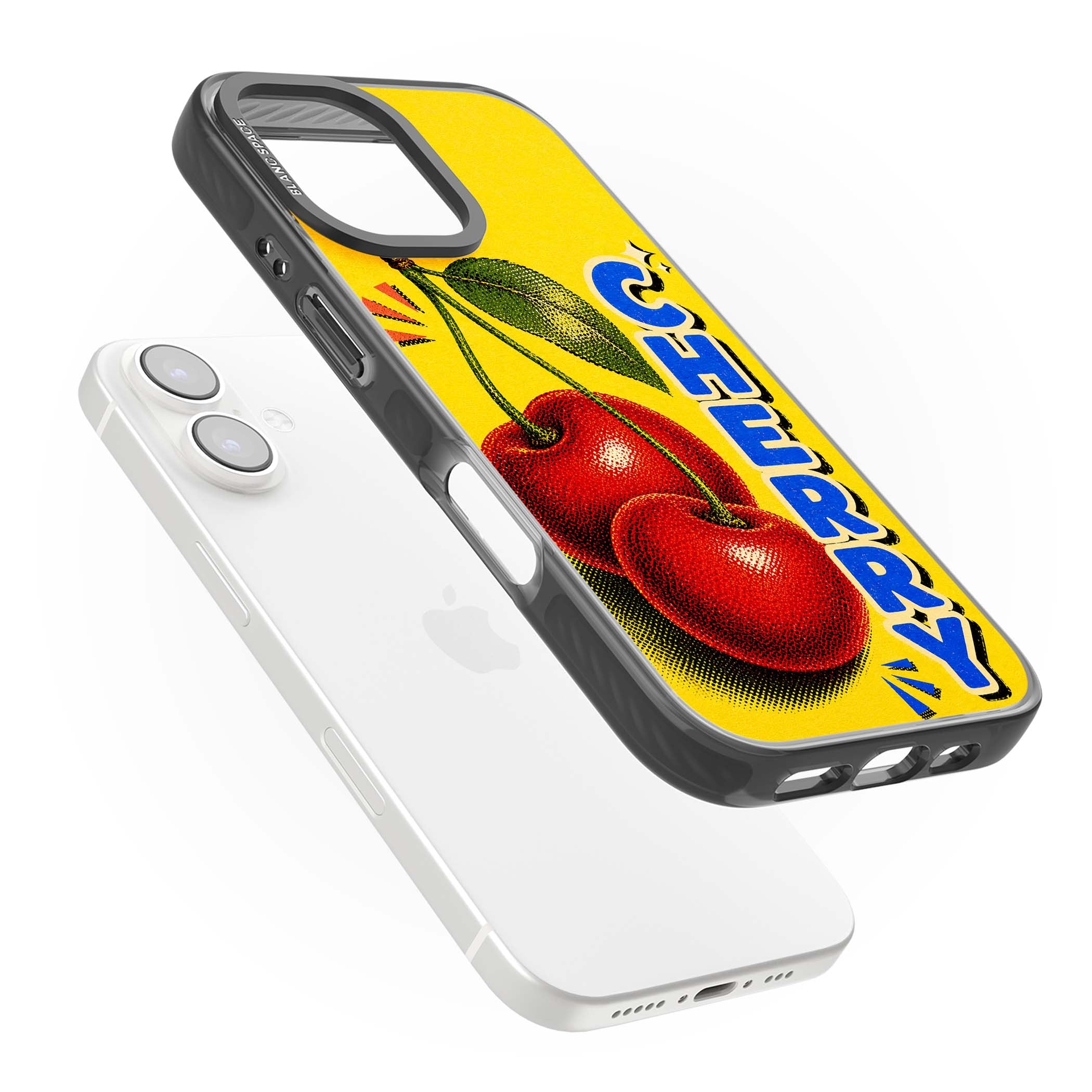 Cherry Yellow y2k iPhone case featuring two red cherries, halftone shading and bold blue CHERRY lettering on yellow | Black Impact Magsafe case for iPhone 16, iPhone 16 Plus