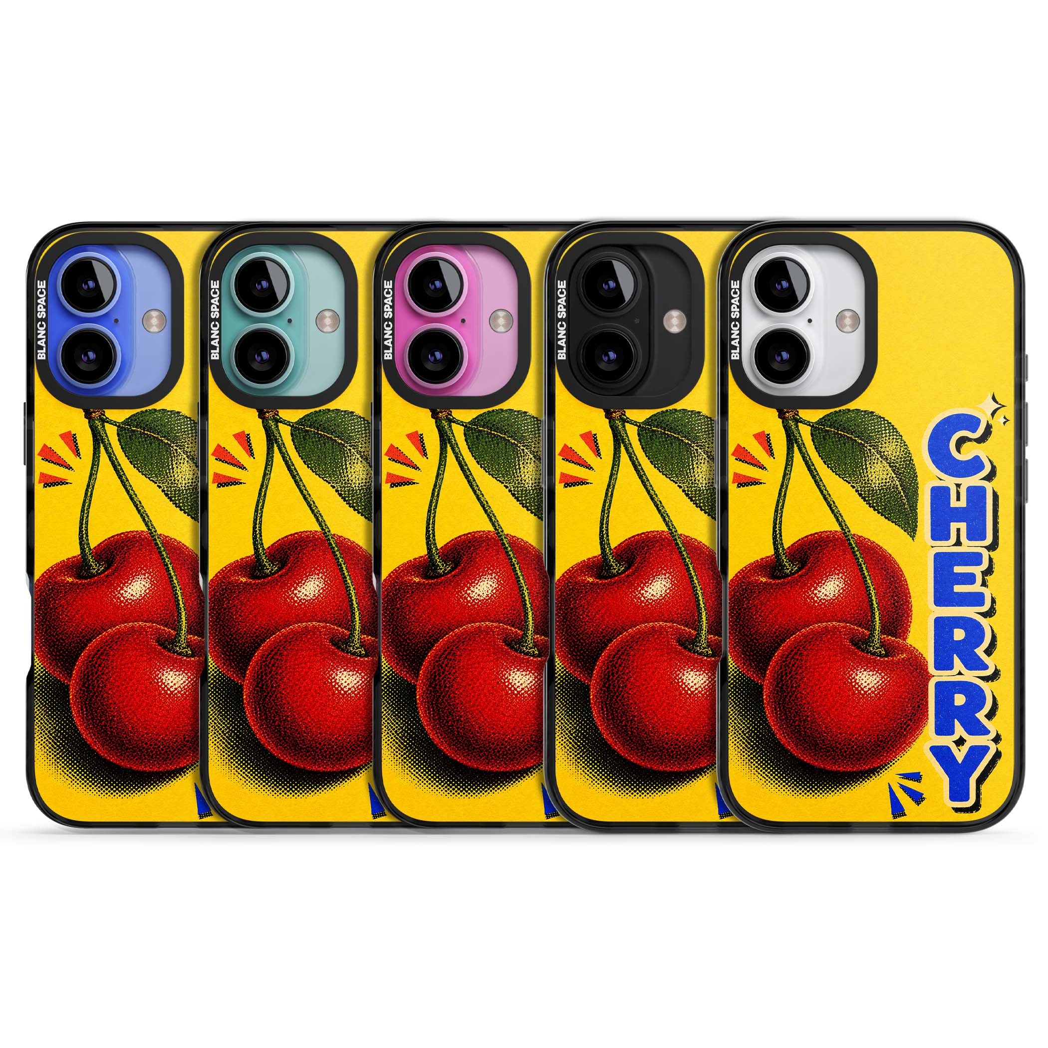 Cherry Yellow y2k iPhone case featuring two red cherries, halftone shading and bold blue CHERRY lettering on yellow | Black Impact Magsafe case for iPhone 16, iPhone 16 Plus