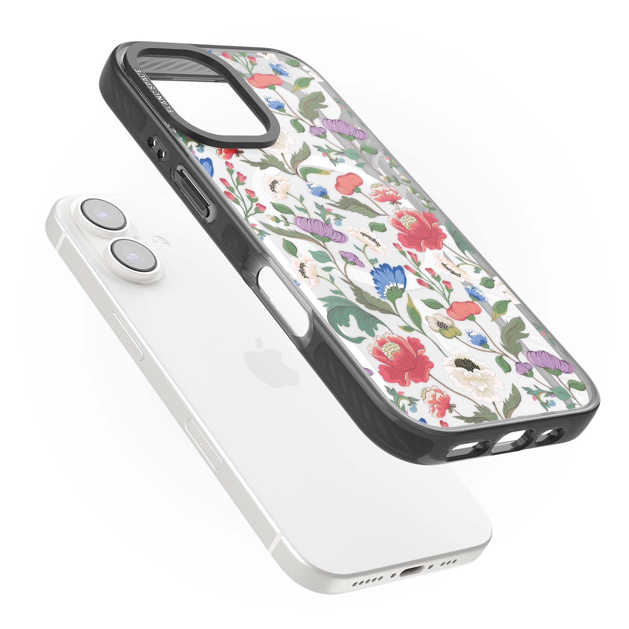 Chinoiserie Bloom vintage floral iPhone case featuring hand-painted peonies, poppies and trailing wildflowers on clear... | Black Impact Magsafe case for iPhone 16, iPhone 16 Plus