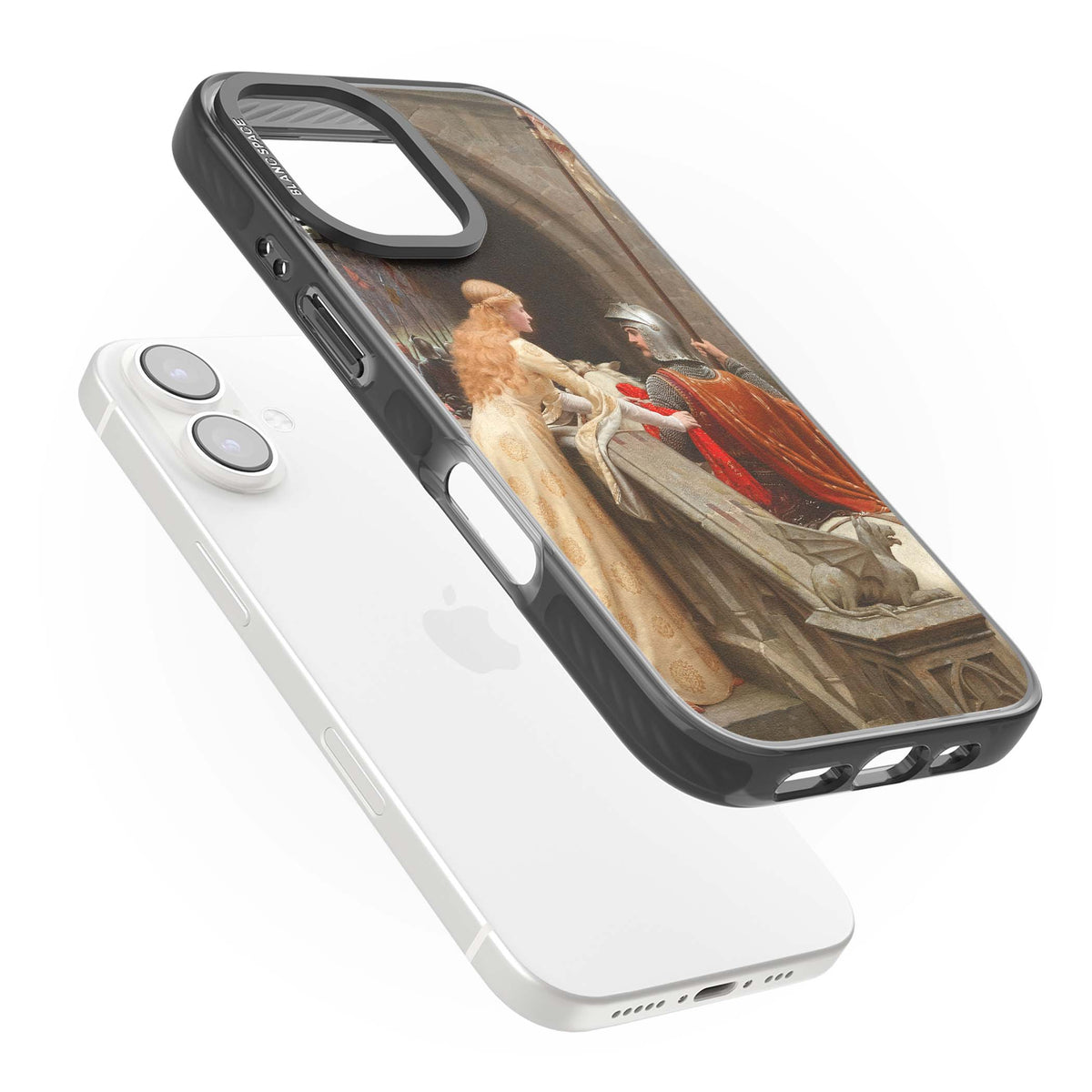 God Speed fine art iPhone case featuring Edmund Blair Leighton's medieval knight and lady beneath a stone archway | Black Impact Magsafe case for iPhone 16, iPhone 16 Plus