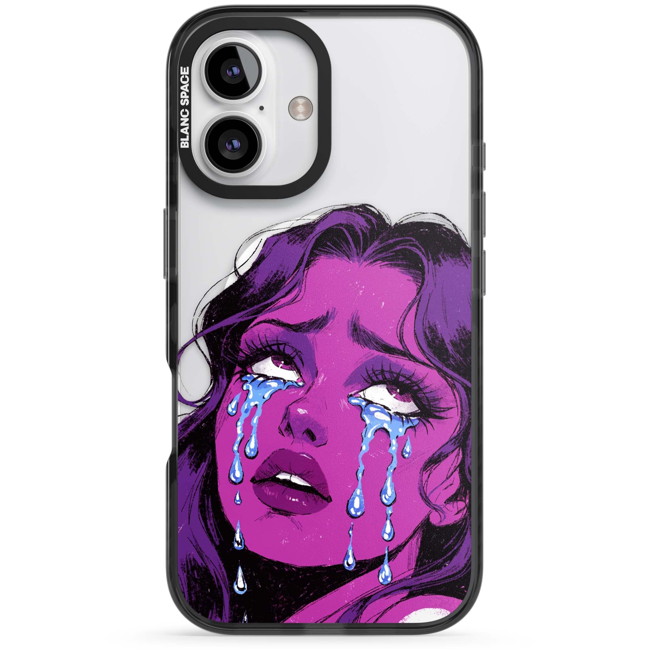 Drama Queen pop art iPhone case featuring a purple crying comic girl with blue tears | Black Impact Magsafe case for iPhone 16, iPhone 16 Plus
