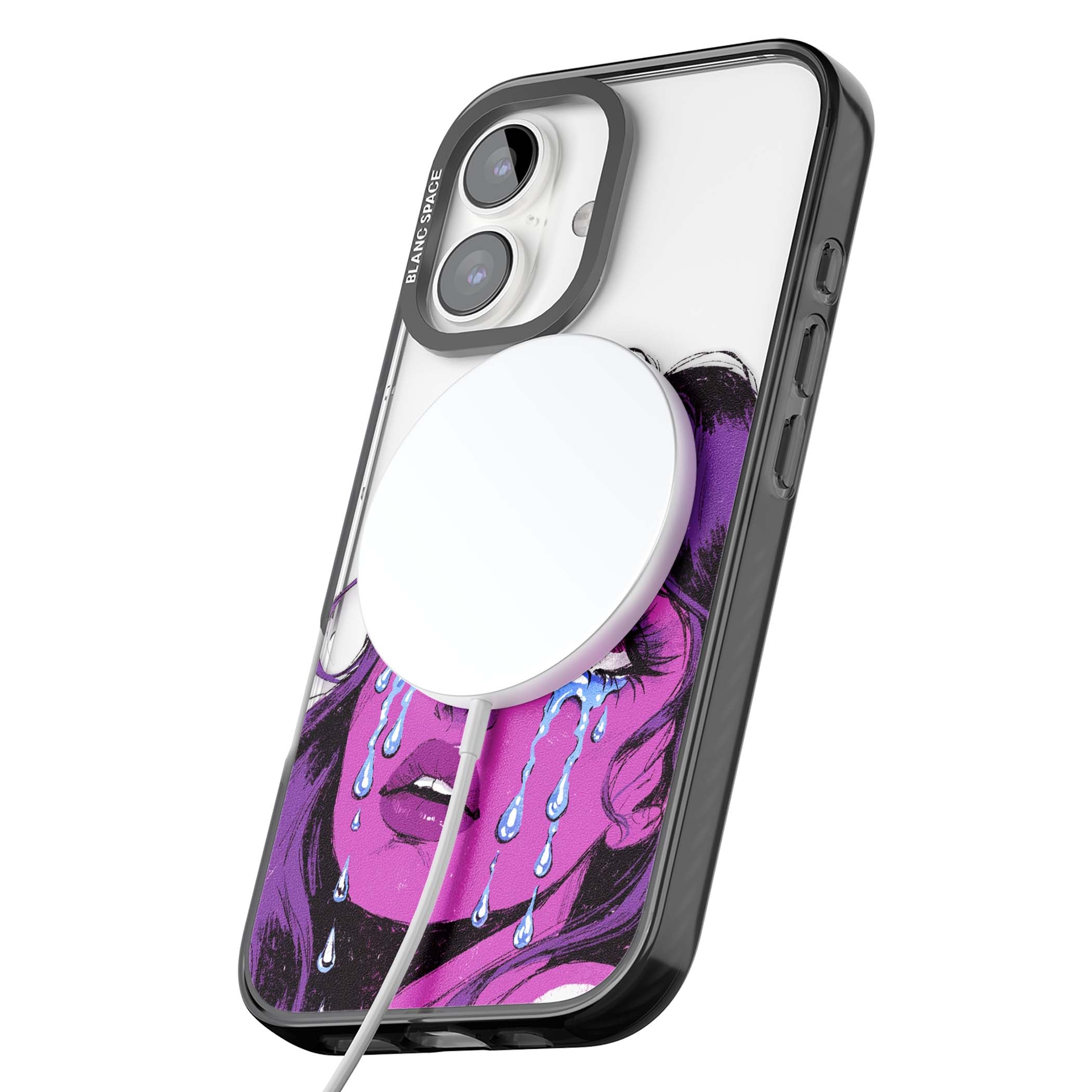 Drama Queen pop art iPhone case featuring a purple crying comic girl with blue tears | Black Impact Magsafe case for iPhone 16, iPhone 16 Plus