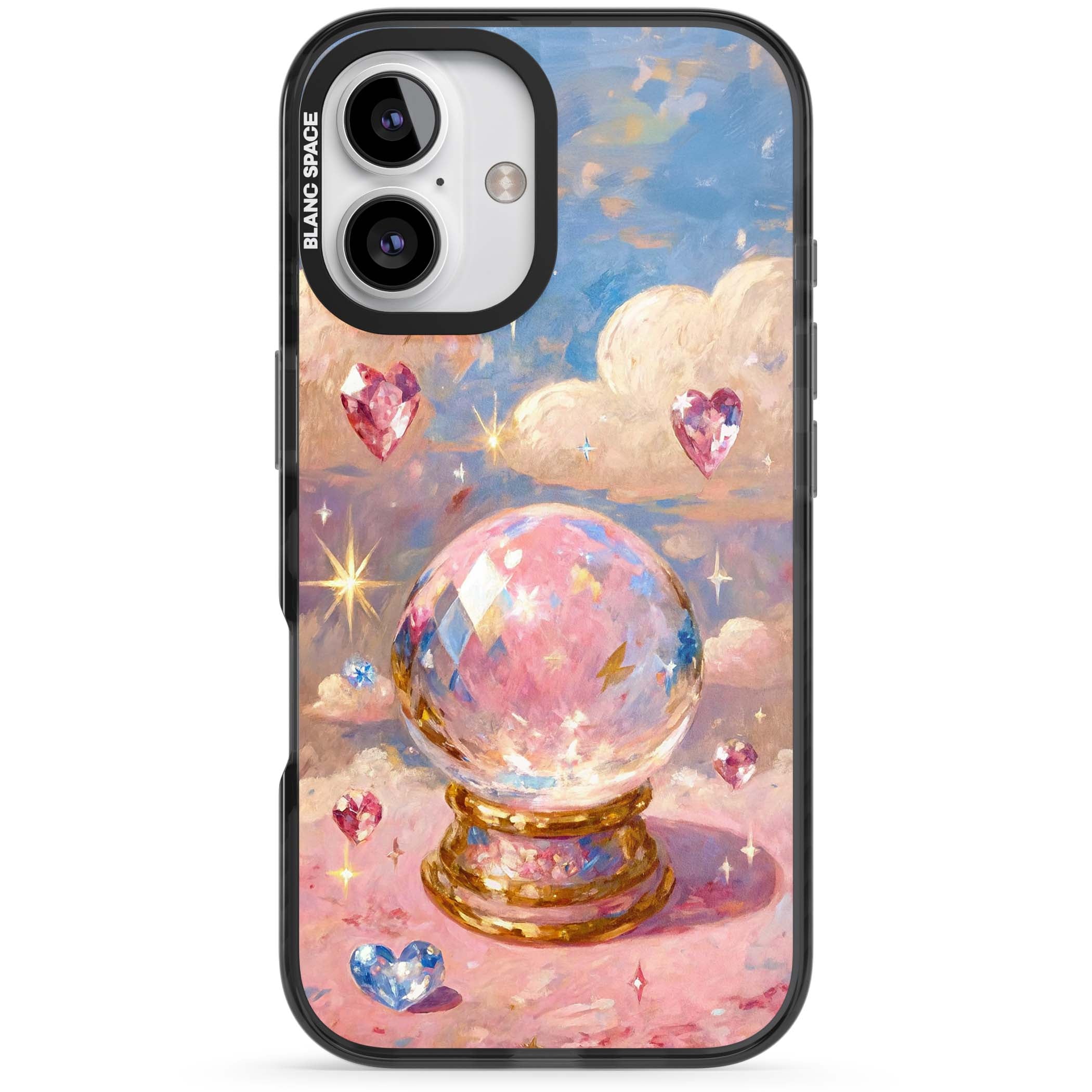 Crystal Ball fairycore iPhone case featuring a painted crystal ball, heart gemstones, and pastel clouds | Black Impact Magsafe case for iPhone 16, iPhone 16 Plus