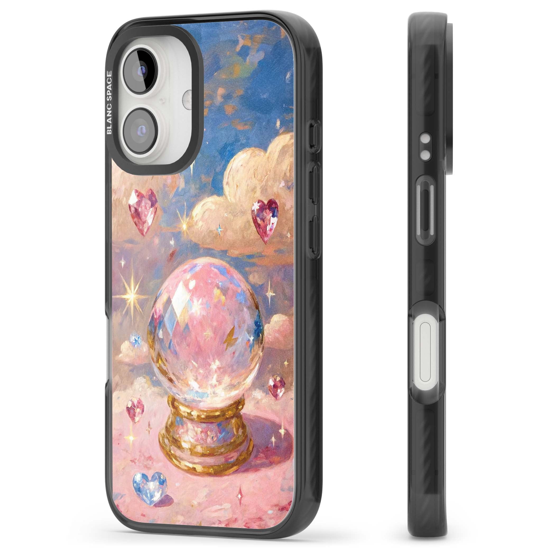 Crystal Ball fairycore iPhone case featuring a painted crystal ball, heart gemstones, and pastel clouds | Black Impact Magsafe case for iPhone 16, iPhone 16 Plus