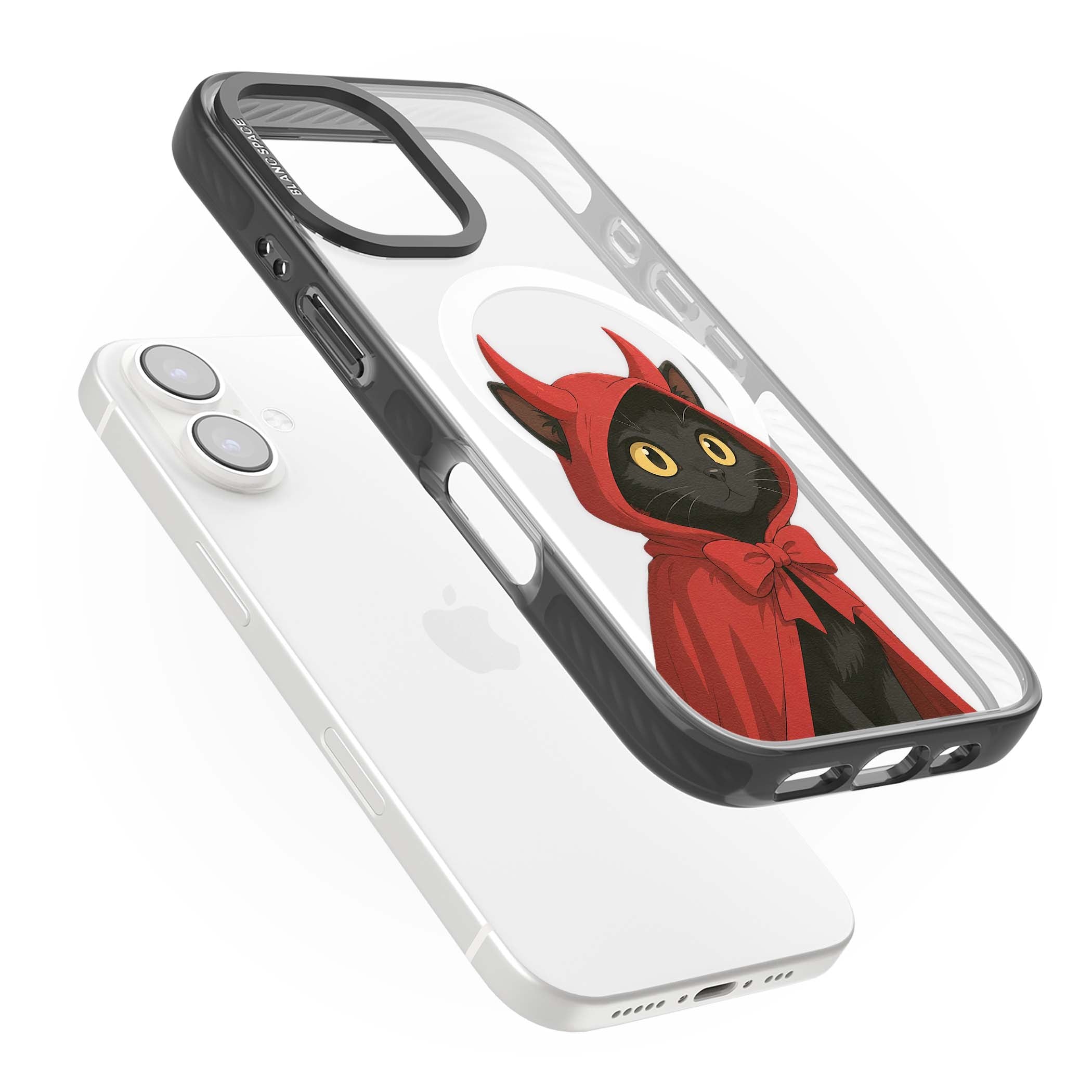 Little Devil halloween iPhone case featuring a black cat in a red hooded devil cloak with horns and golden eyes | Black Impact Magsafe case for iPhone 16, iPhone 16 Plus