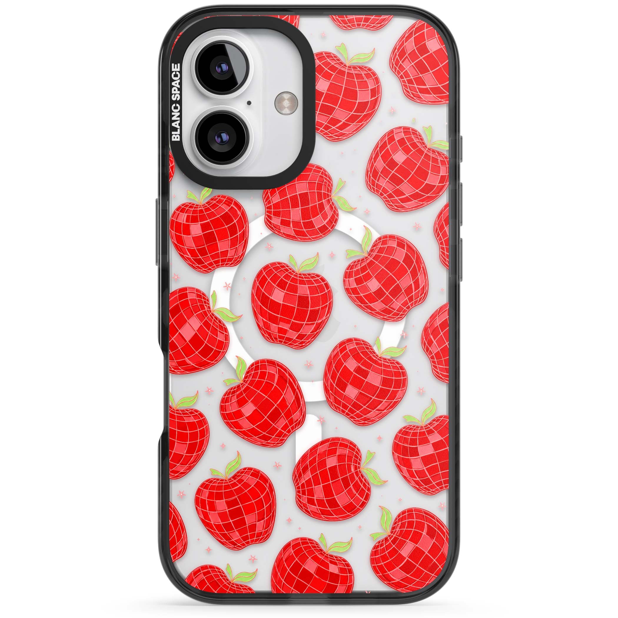 Disco Apples Y2K iPhone case featuring red disco ball apples, green leaves and pink sparkles on clear | Black Impact Magsafe case for iPhone 16, iPhone 16 Plus