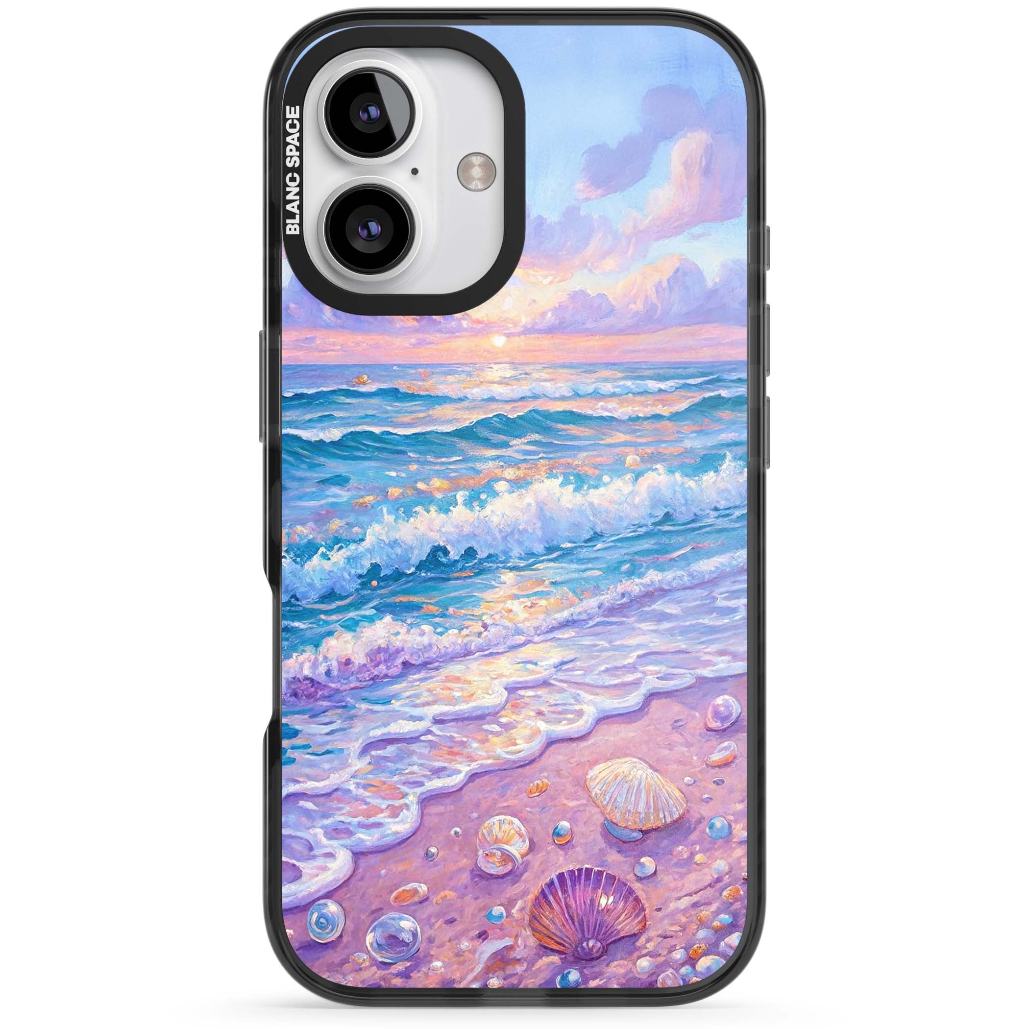 Pearl Shore coastal iPhone case featuring pastel painted waves, seashells, and a sunrise sky over a lavender beach. | Black Impact Magsafe case for iPhone 16, iPhone 16 Plus