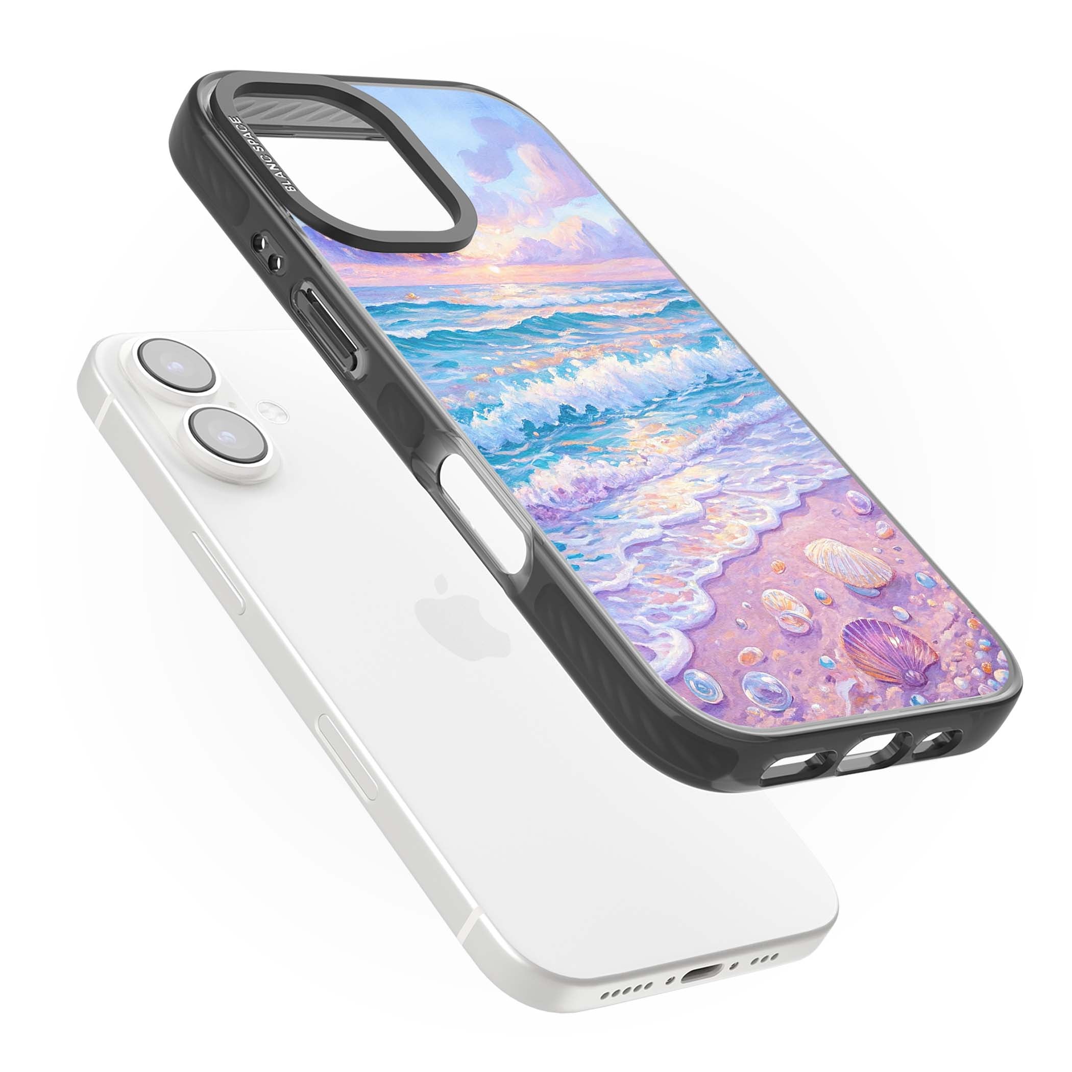 Pearl Shore coastal iPhone case featuring pastel painted waves, seashells, and a sunrise sky over a lavender beach. | Black Impact Magsafe case for iPhone 16, iPhone 16 Plus