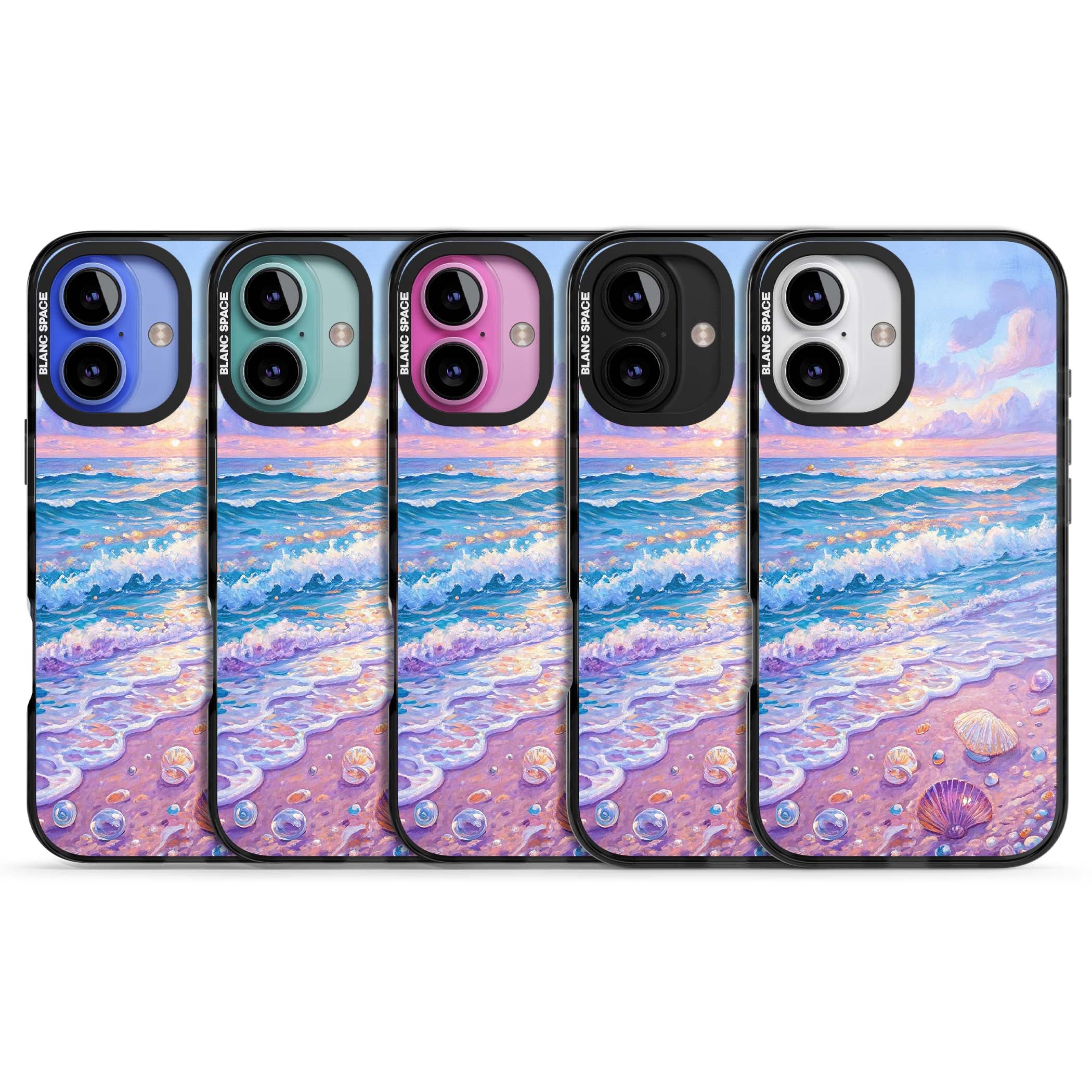 Pearl Shore coastal iPhone case featuring pastel painted waves, seashells, and a sunrise sky over a lavender beach. | Black Impact Magsafe case for iPhone 16, iPhone 16 Plus