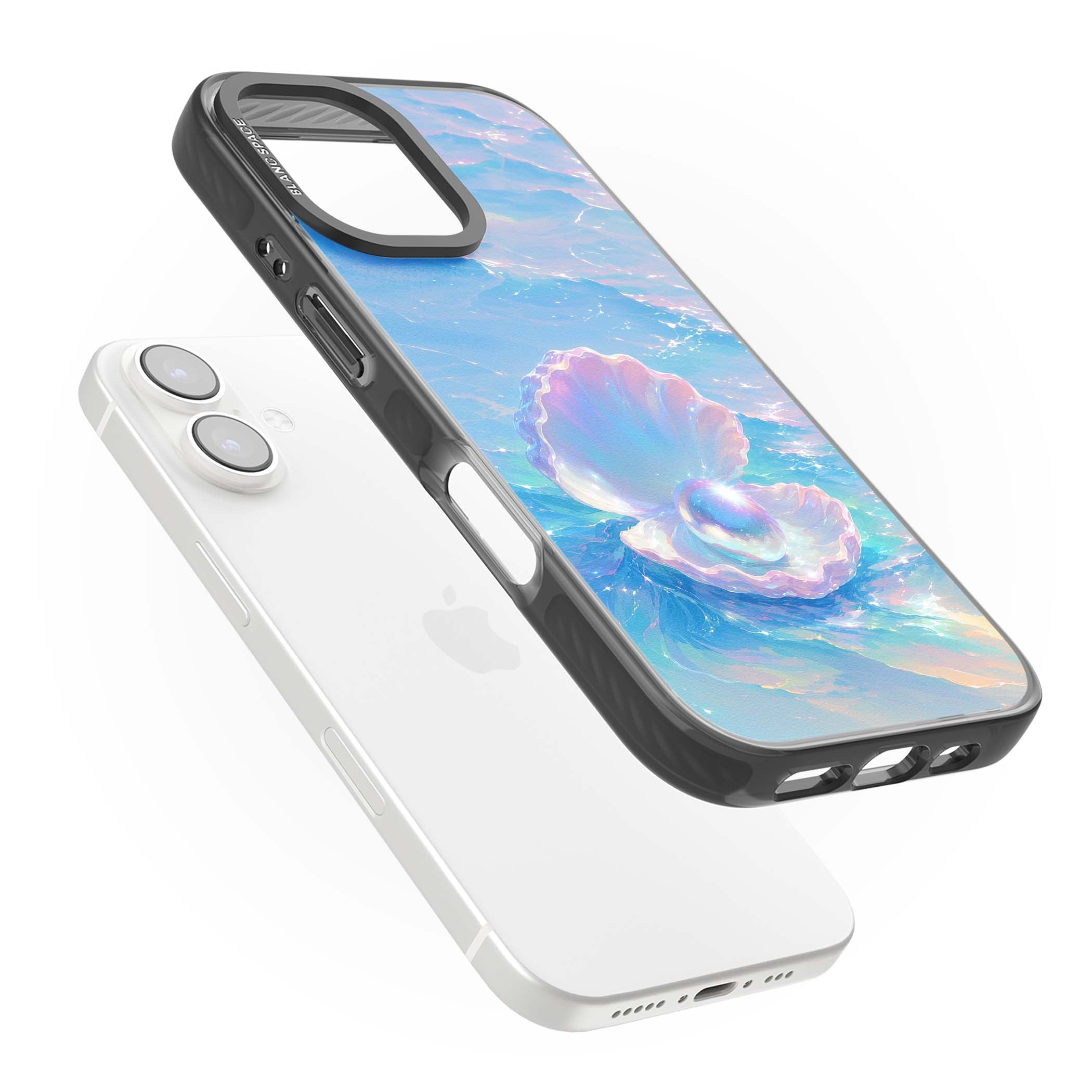 The Pearl Clam mermaidcore iPhone case featuring iridescent seashell, glowing pearl and pastel ocean waves | Black Impact Magsafe case for iPhone 16, iPhone 16 Plus