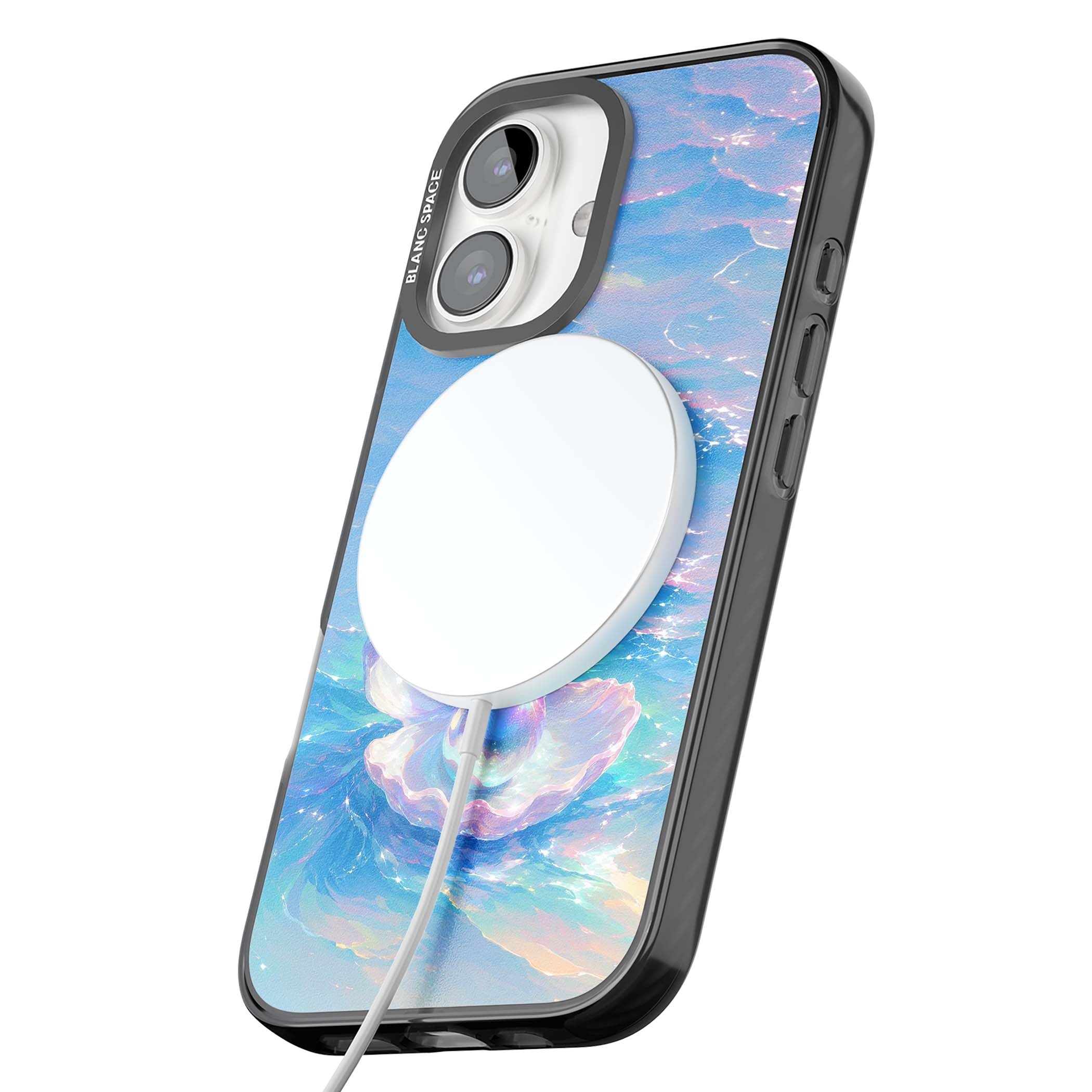The Pearl Clam mermaidcore iPhone case featuring iridescent seashell, glowing pearl and pastel ocean waves | Black Impact Magsafe case for iPhone 16, iPhone 16 Plus