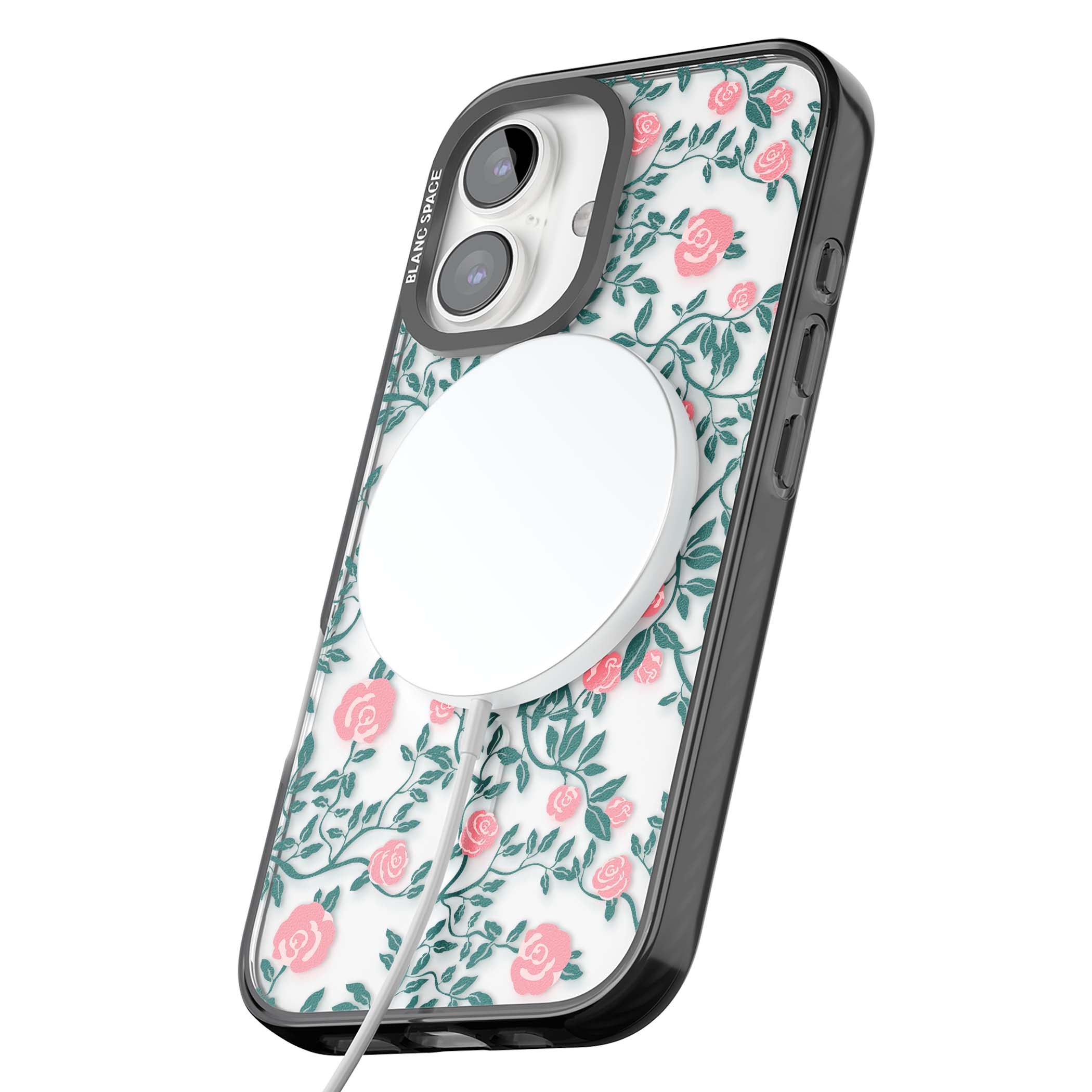 Rose Trellis (Clear) cottagecore iPhone case featuring pink climbing roses and green leaves on clear background | Black Impact Magsafe case for iPhone 16, iPhone 16 Plus