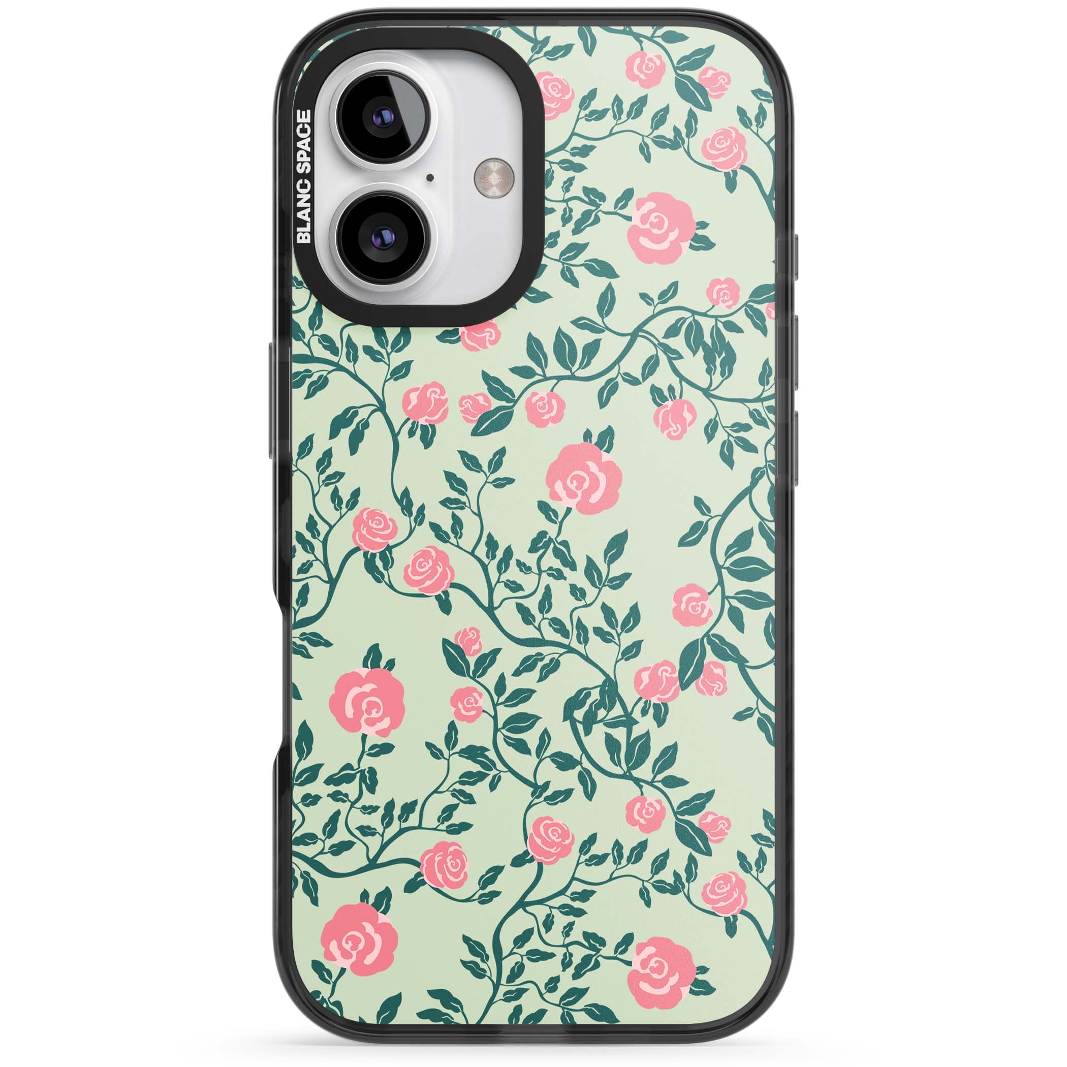 Rose Trellis cottagecore iPhone case featuring pink roses, sage green vines, and mint background | Black Impact Magsafe case for iPhone 16, iPhone 16 Plus