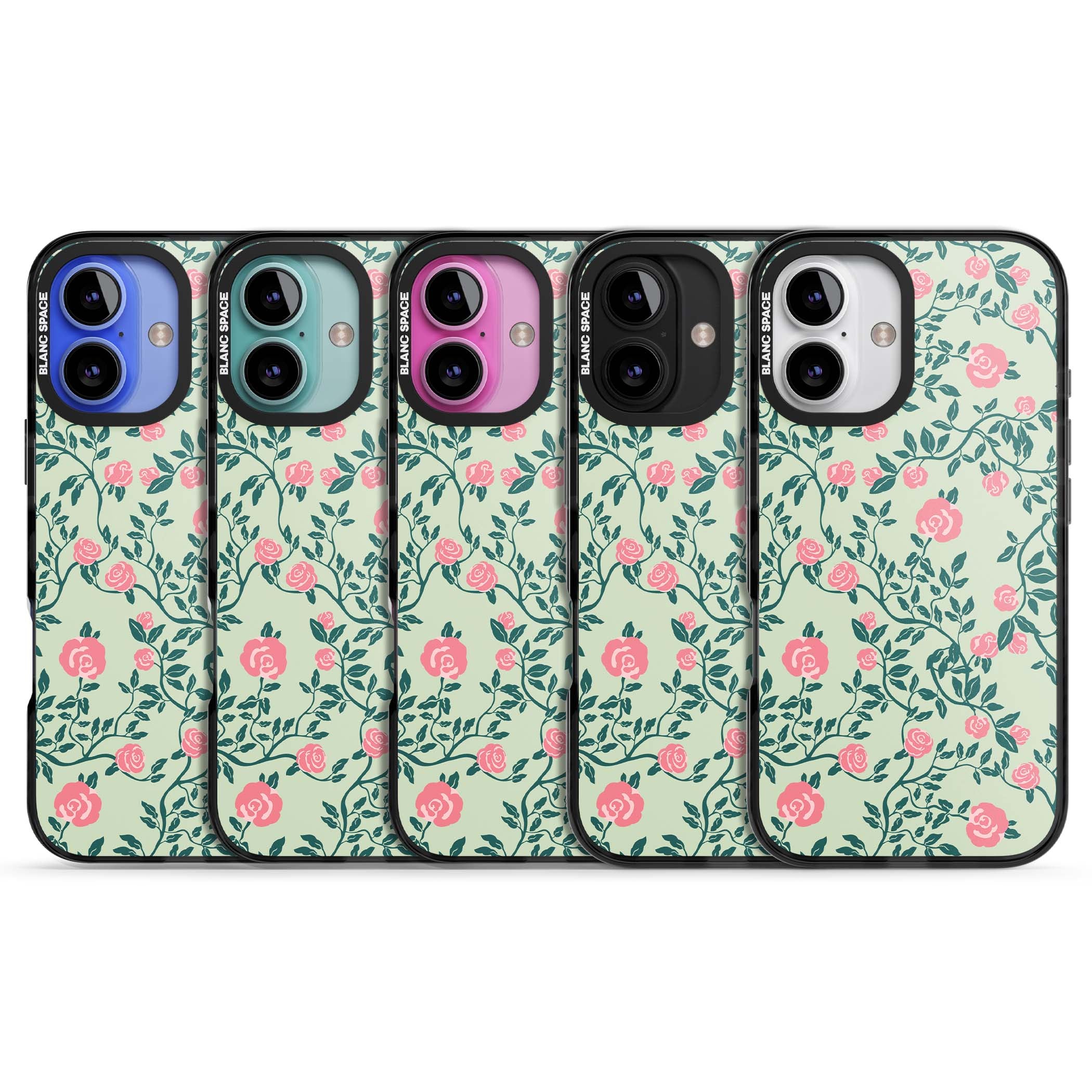 Rose Trellis cottagecore iPhone case featuring pink roses, sage green vines, and mint background | Black Impact Magsafe case for iPhone 16, iPhone 16 Plus