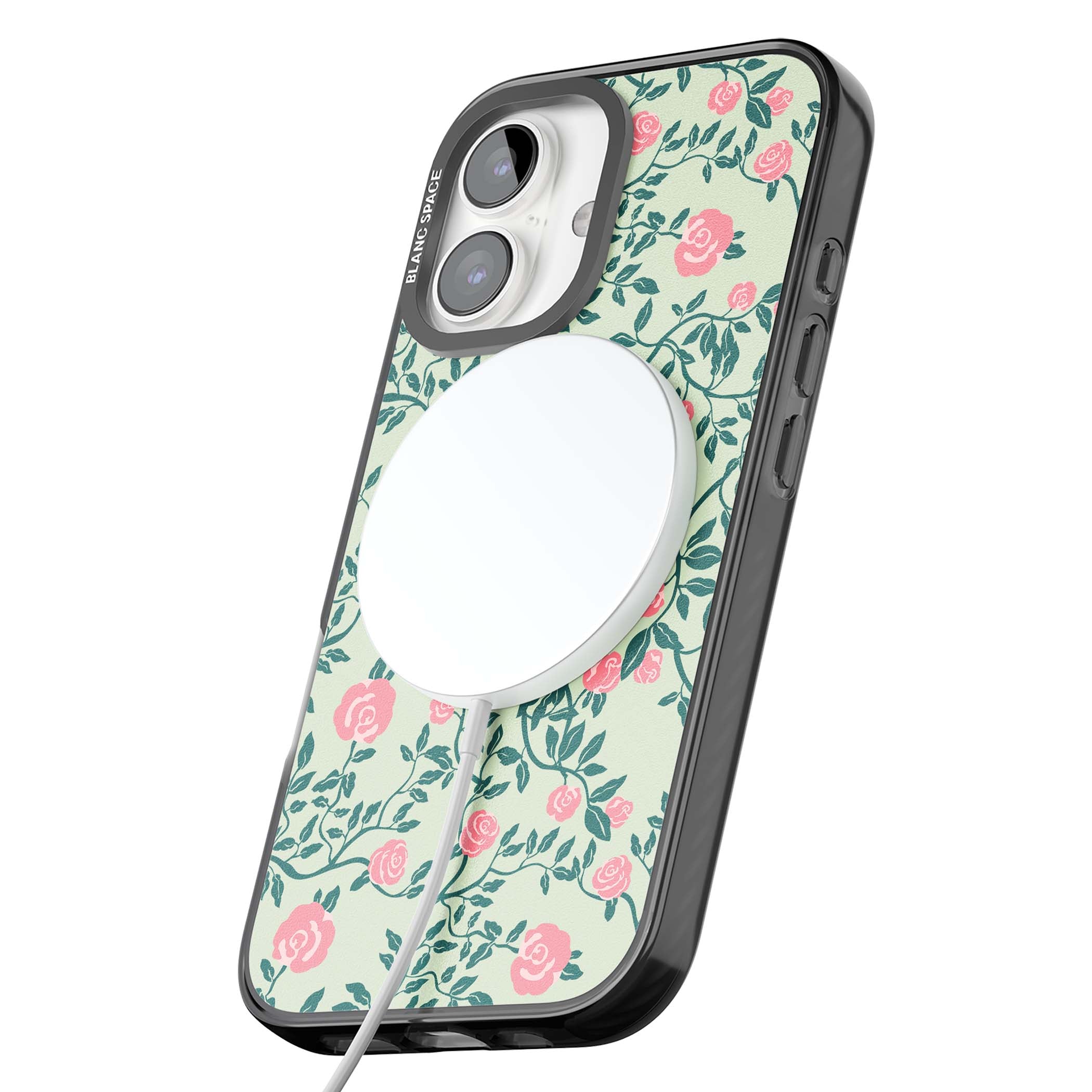 Rose Trellis cottagecore iPhone case featuring pink roses, sage green vines, and mint background | Black Impact Magsafe case for iPhone 16, iPhone 16 Plus