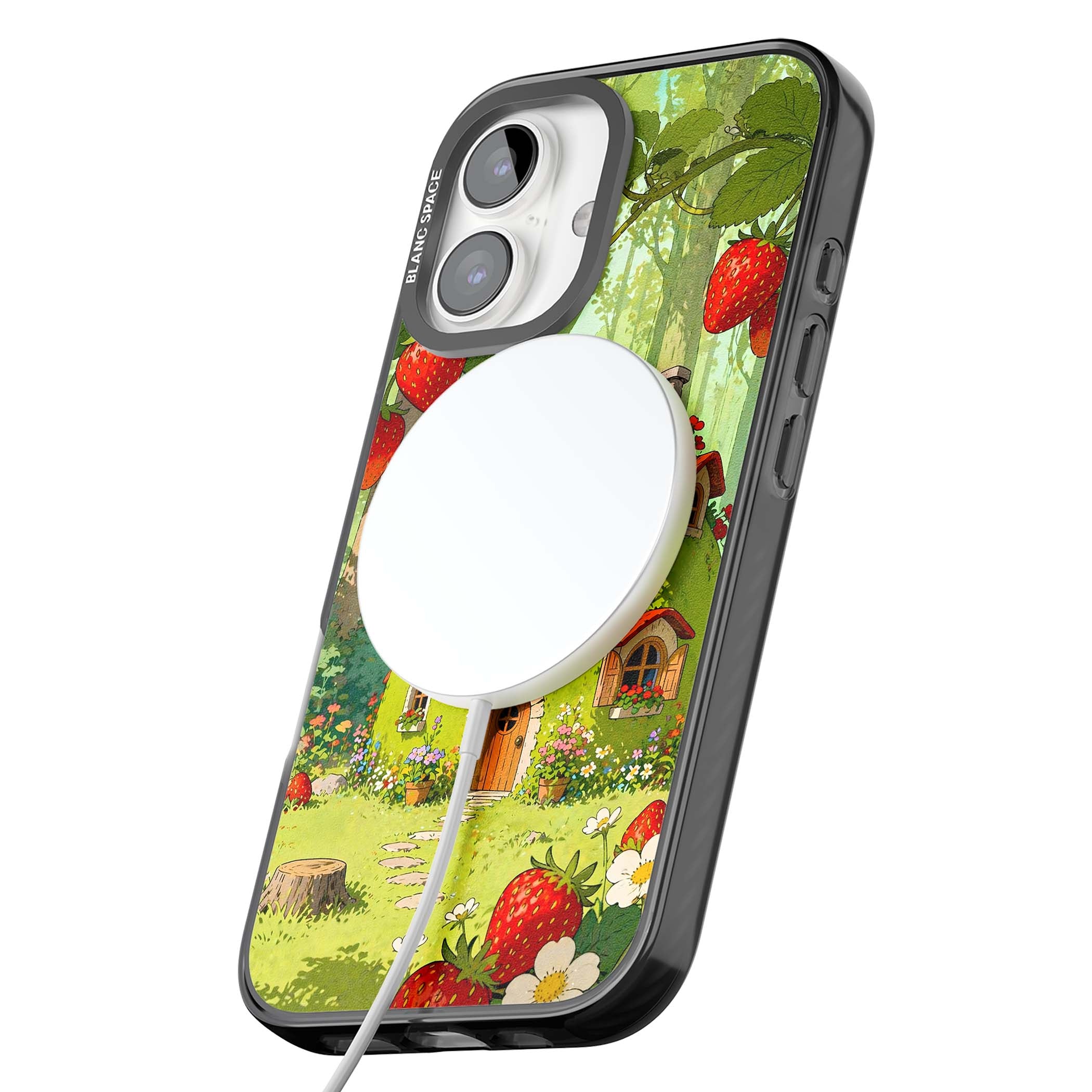 Strawberry Cottage cottagecore iPhone case featuring a green fairy house, wild strawberries and enchanted forest flowers | Black Impact Magsafe case for iPhone 16, iPhone 16 Plus