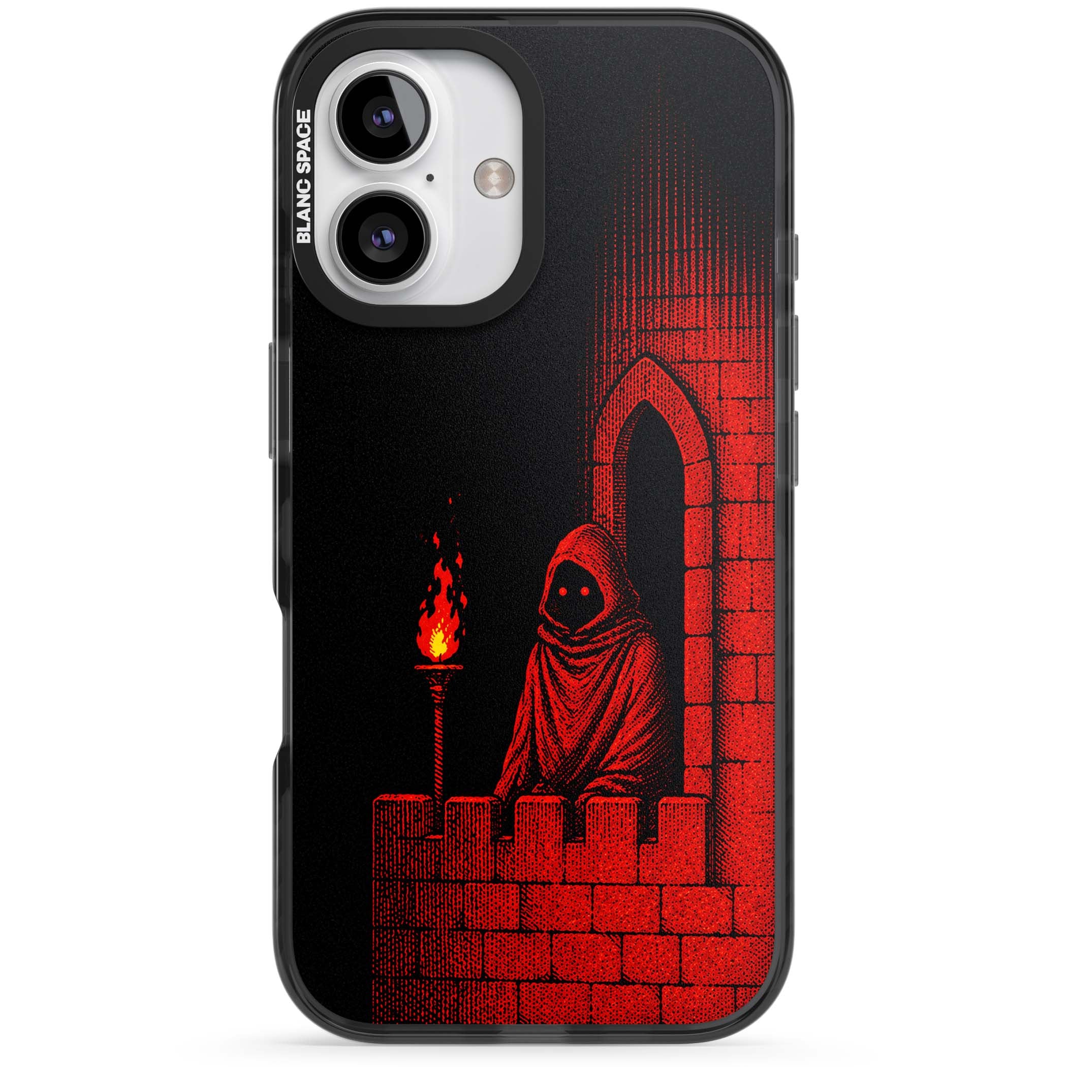 Crimson Crypt gothic iPhone case featuring a hooded reaper, torchlit crypt archway and red halftone horror art | Black Impact Magsafe case for iPhone 16, iPhone 16 Plus