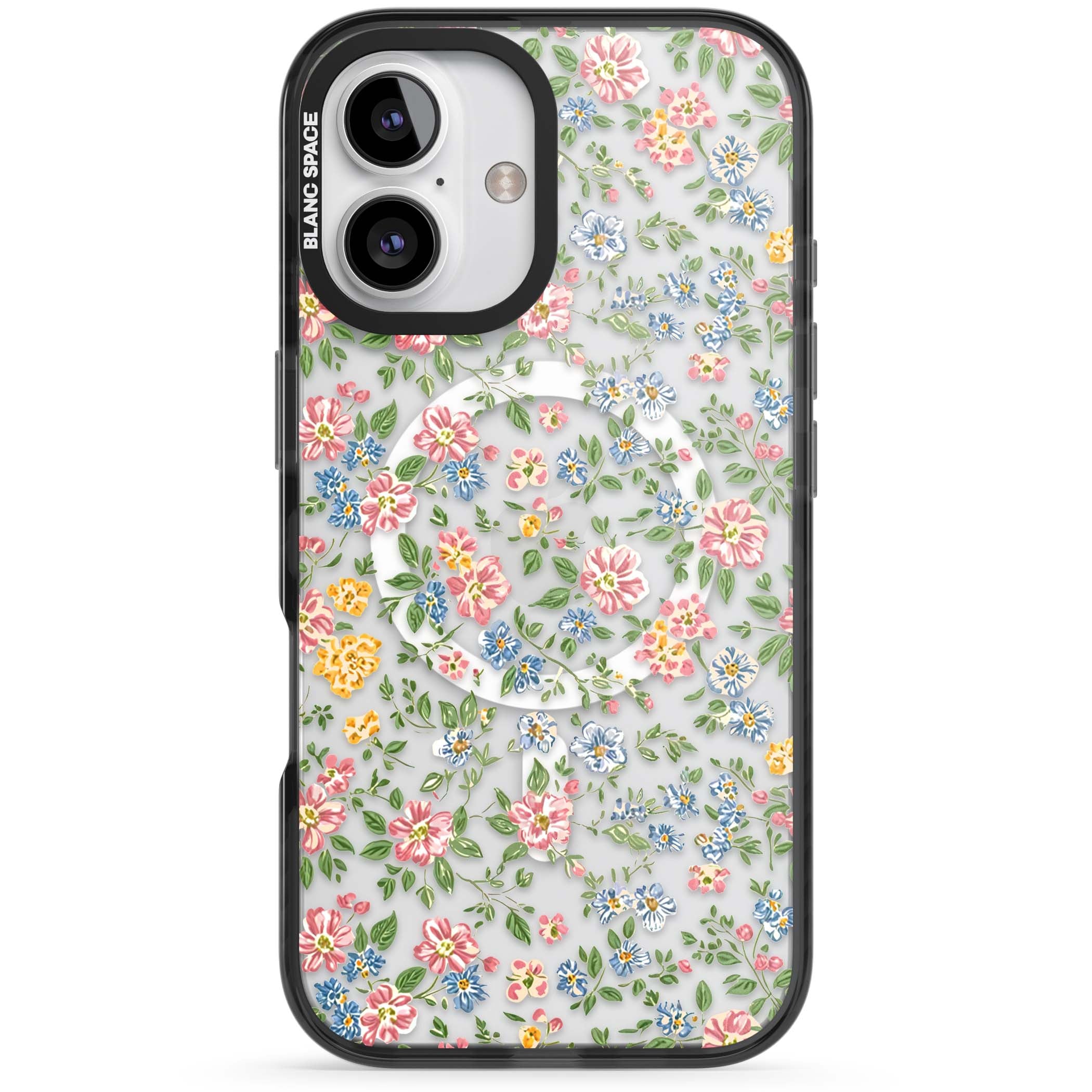 Soft Meadow cottagecore iPhone case featuring pink cosmos, blue forget-me-nots, yellow buttercups and green leaves sca | Black Impact Magsafe case for iPhone 16, iPhone 16 Plus