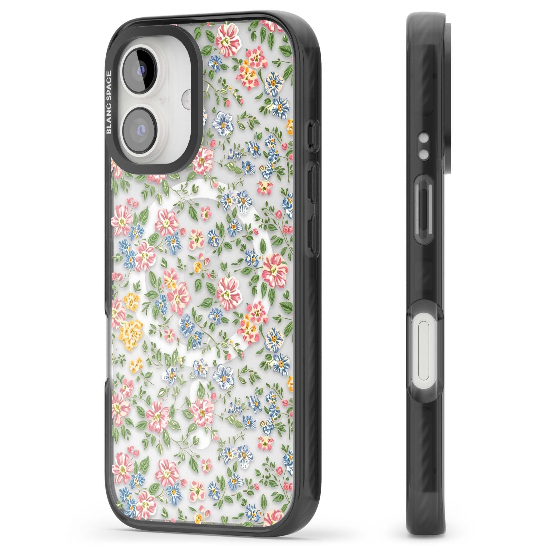 Soft Meadow cottagecore iPhone case featuring pink cosmos, blue forget-me-nots, yellow buttercups and green leaves sca | Black Impact Magsafe case for iPhone 16, iPhone 16 Plus