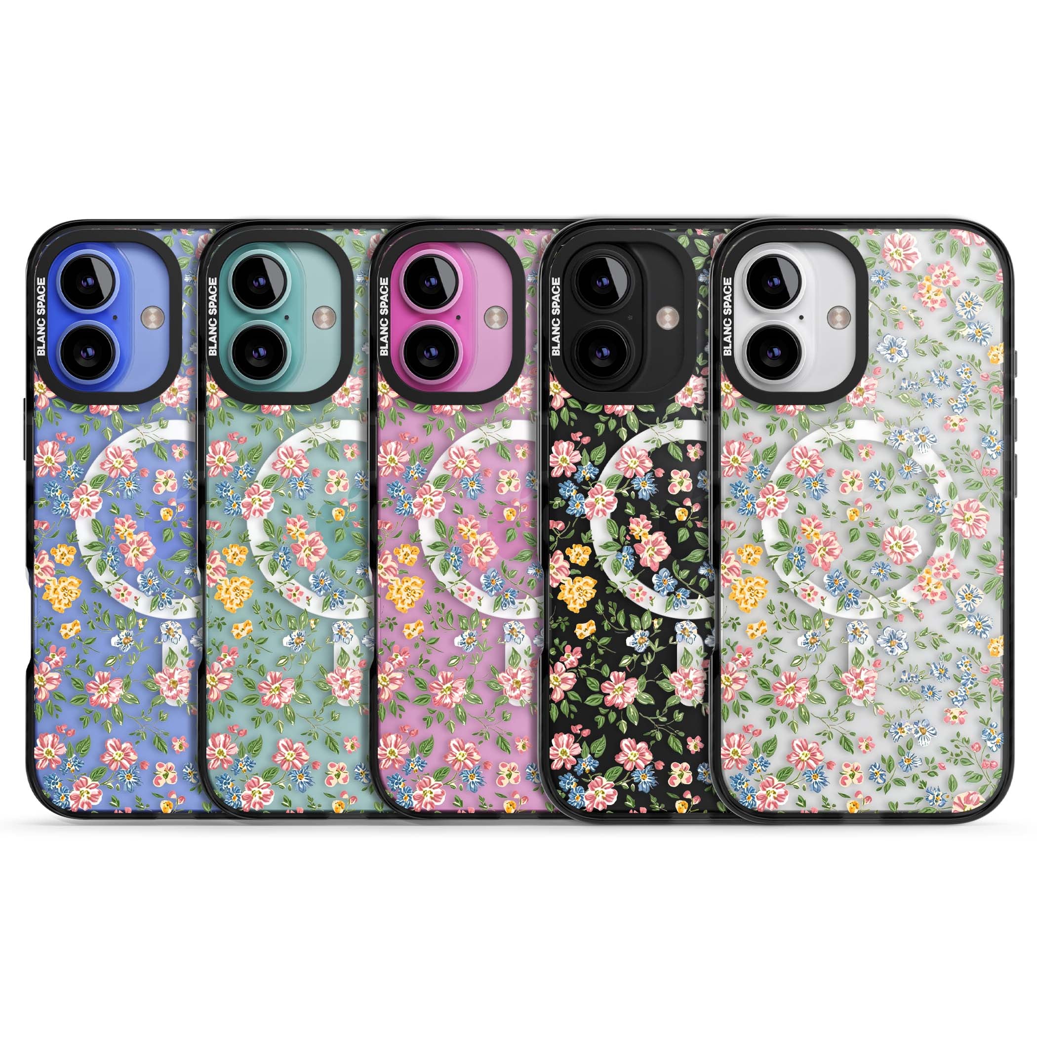 Soft Meadow cottagecore iPhone case featuring pink cosmos, blue forget-me-nots, yellow buttercups and green leaves sca | Black Impact Magsafe case for iPhone 16, iPhone 16 Plus