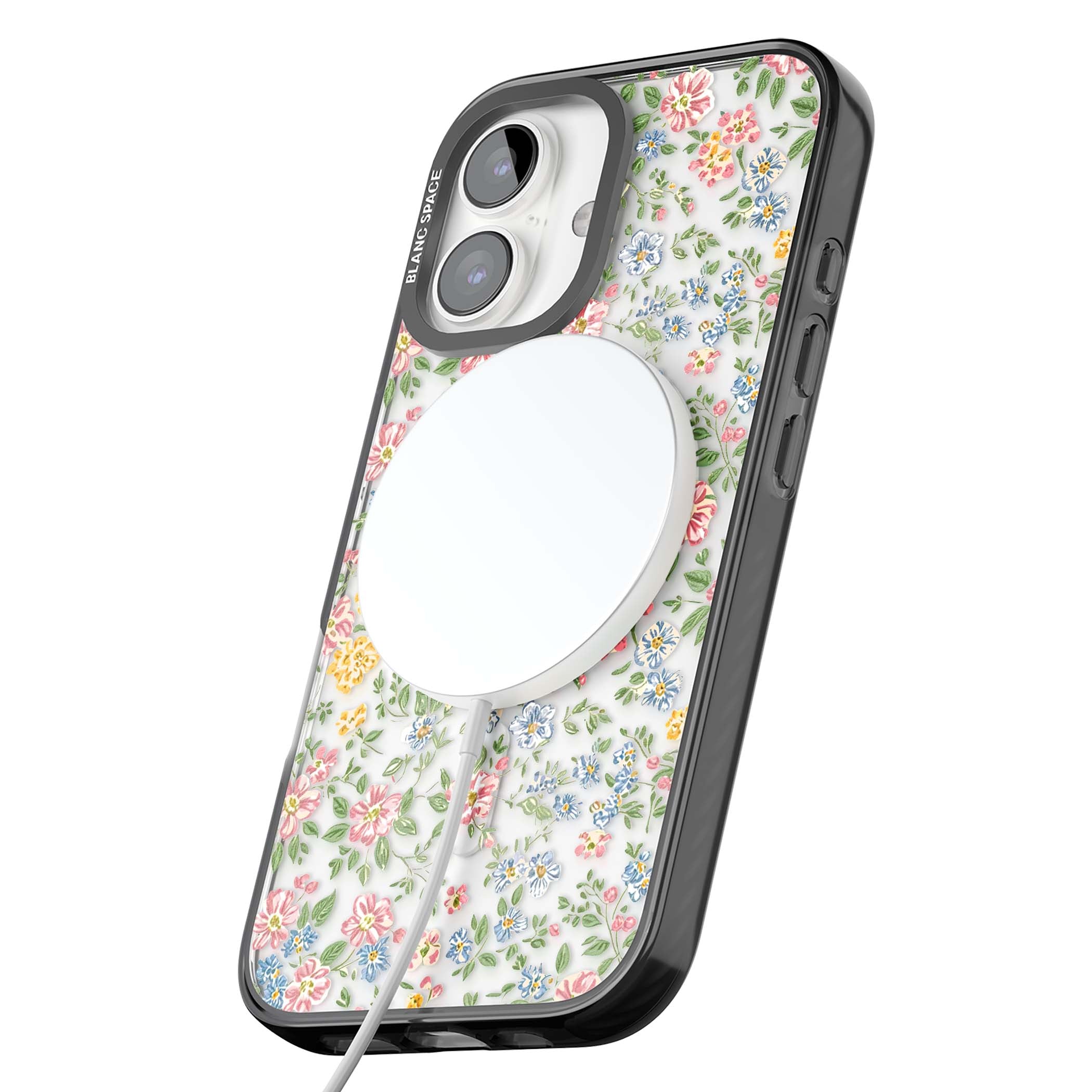 Soft Meadow cottagecore iPhone case featuring pink cosmos, blue forget-me-nots, yellow buttercups and green leaves sca | Black Impact Magsafe case for iPhone 16, iPhone 16 Plus