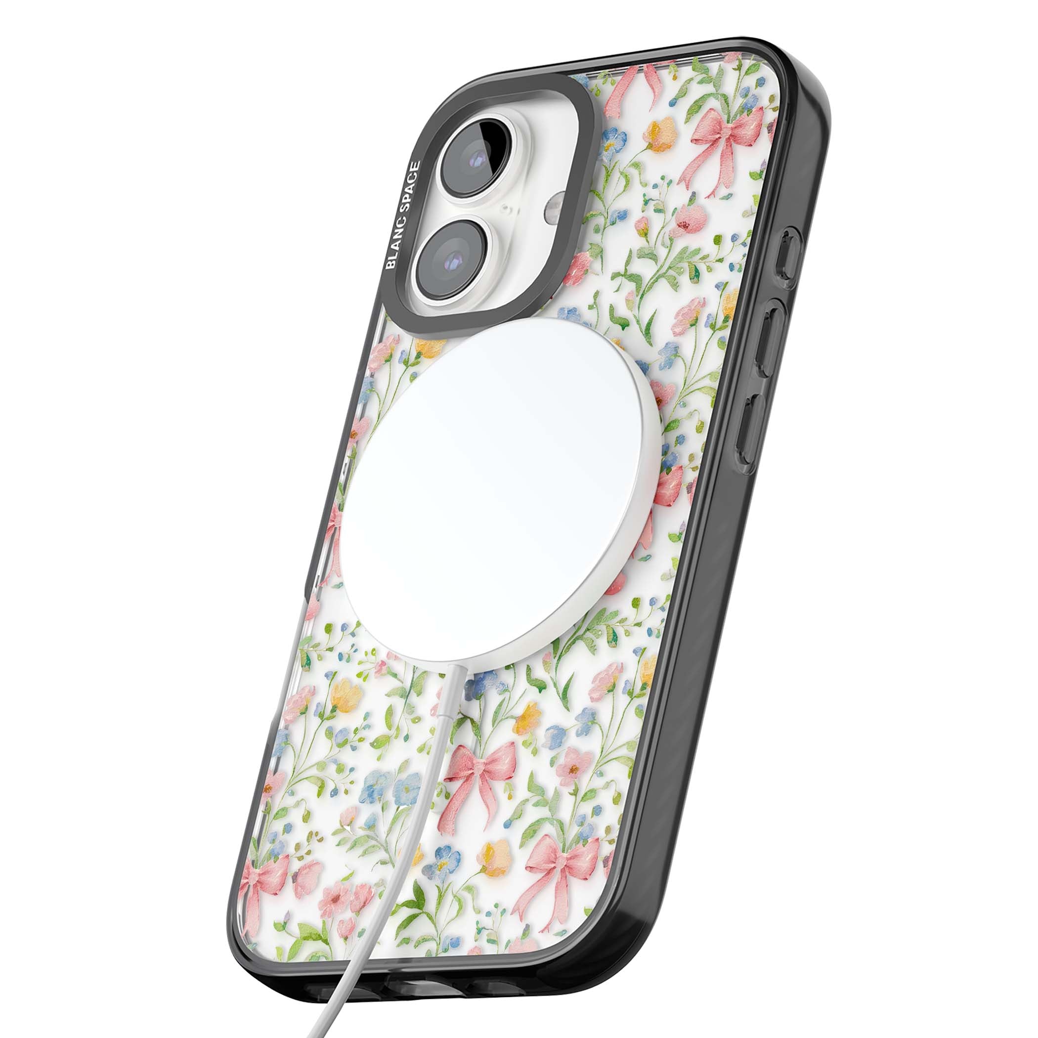 Ribbons & Wildflowers cottagecore iPhone case featuring watercolor wildflowers, pink satin bows, and delicate spring blooms o | Black Impact Magsafe case for iPhone 16, iPhone 16 Plus